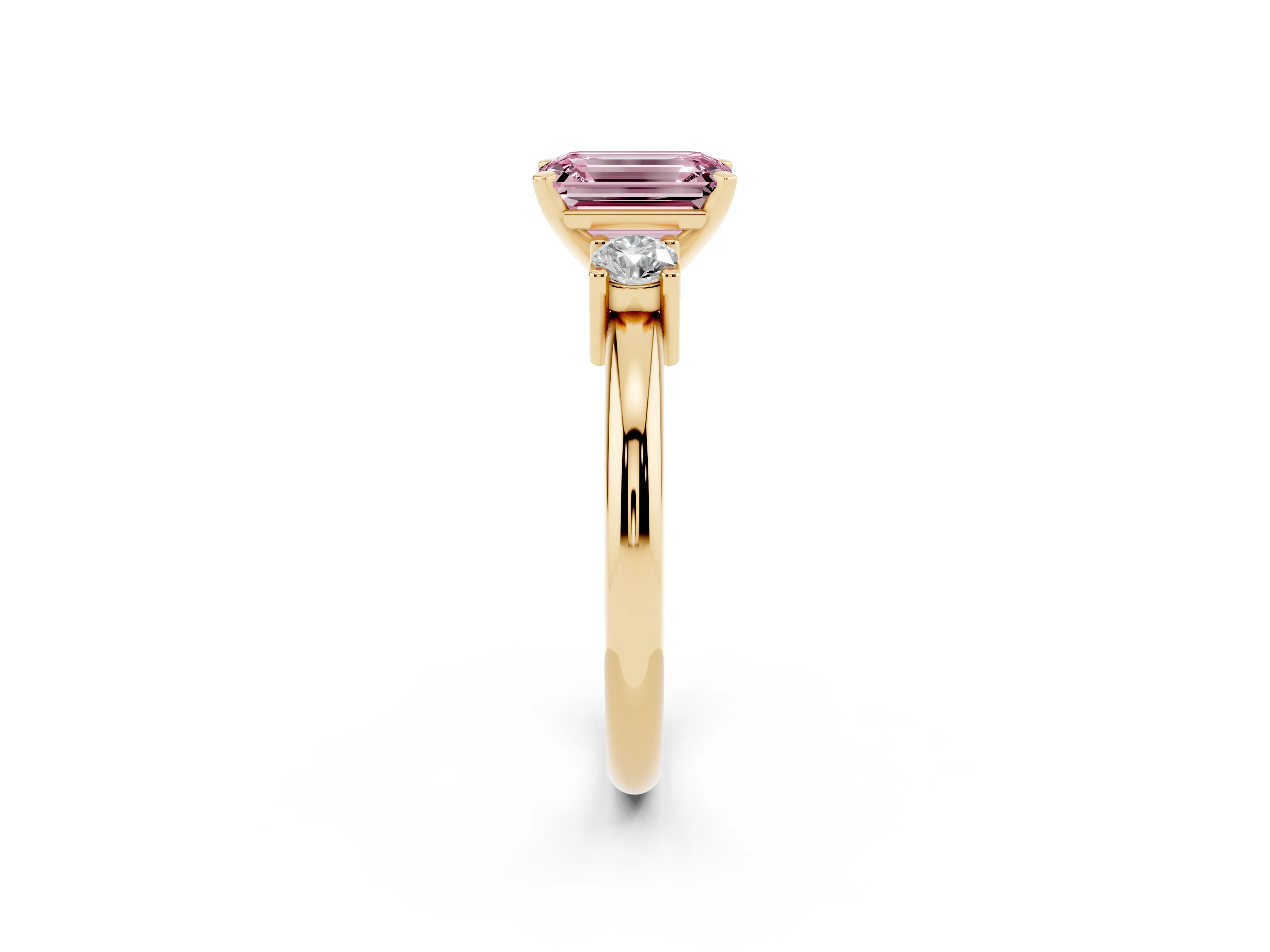 Fancy Pink Three-Stone Emerald Cut Diamond Ring Set in Yellow gold with Prong Setting and Plain Band