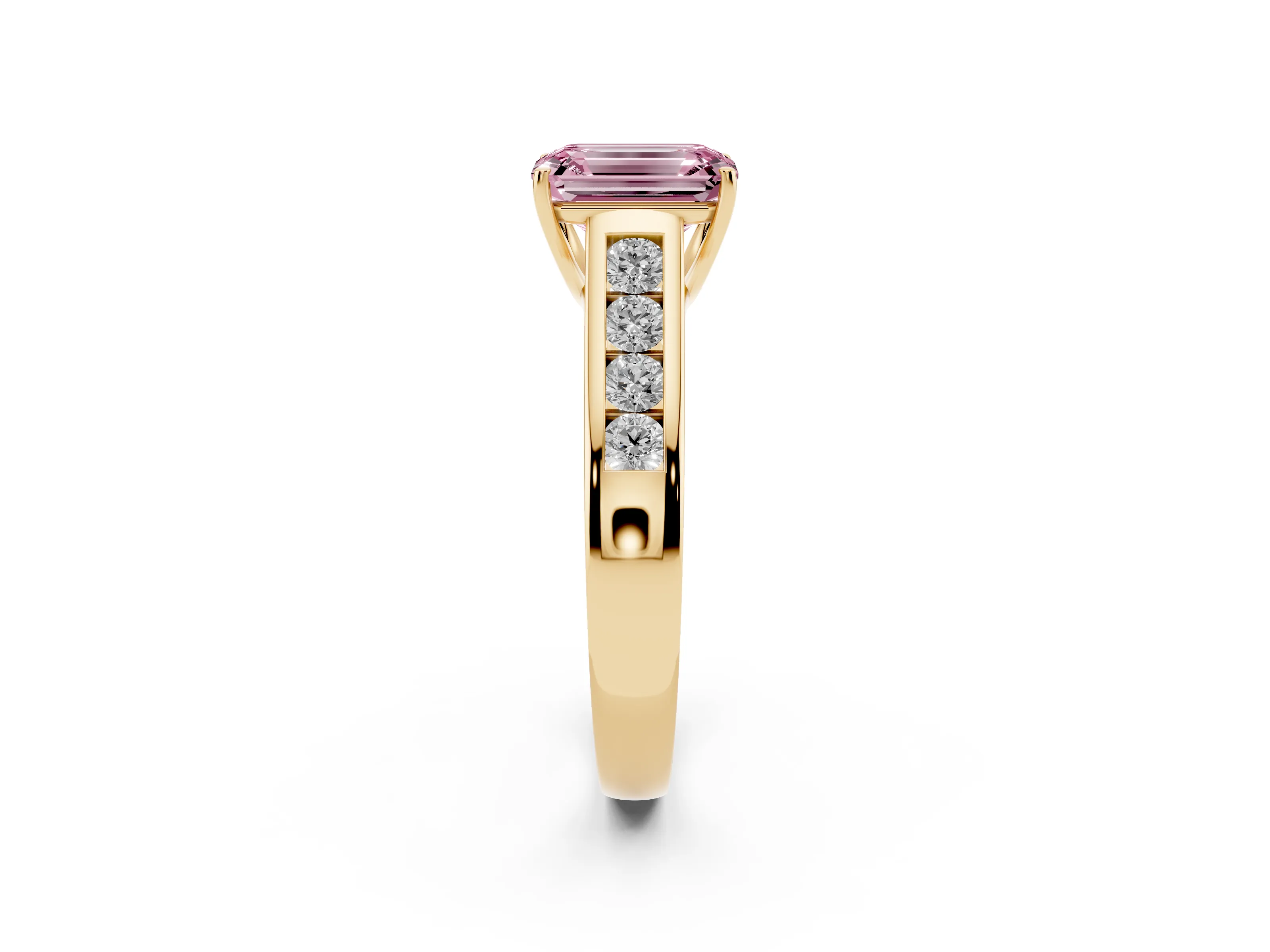 Fancy Pink Emerald Cut Diamond Brilliant Channel-Set Solitaire Ring Set in Yellow gold with Prong Setting