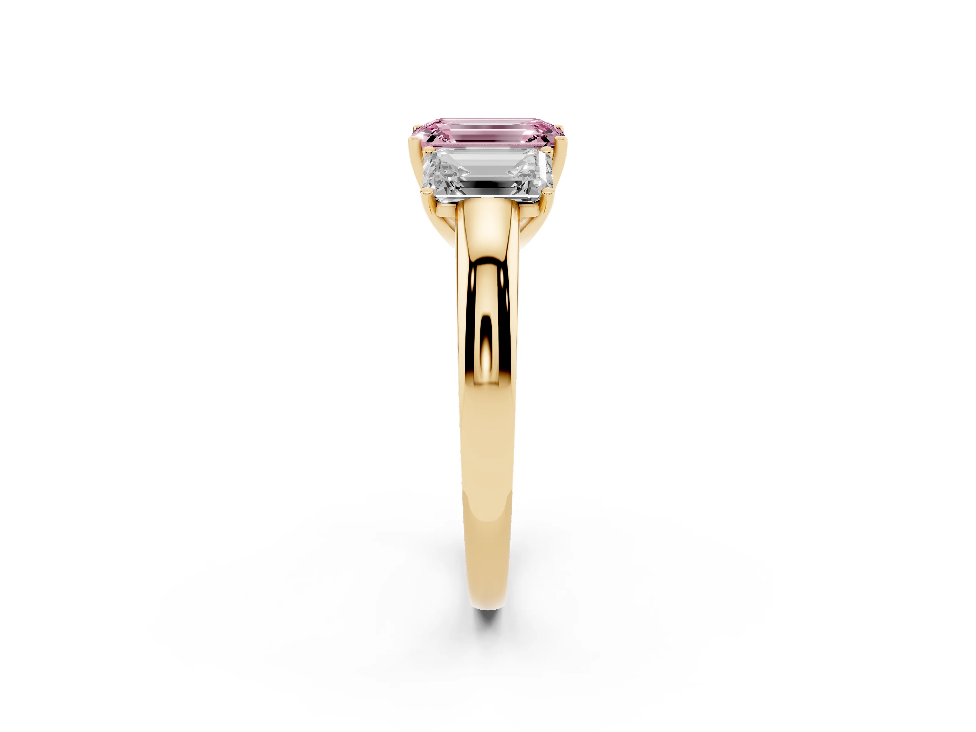 Fancy Pink Emerald Cut Diamond Three-Stone Ring Set in Yellow gold with Bold Center and Classic Band