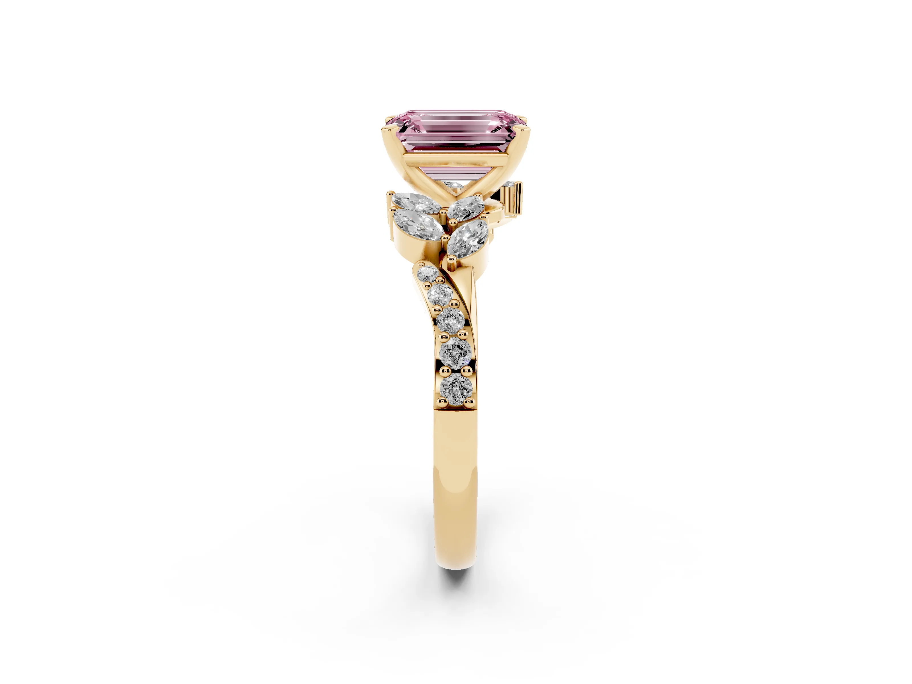 Fancy Pink Emerald Cut Diamond Solitaire Ring Set in Yellow gold with Marquise Twist Band and Prong Setting