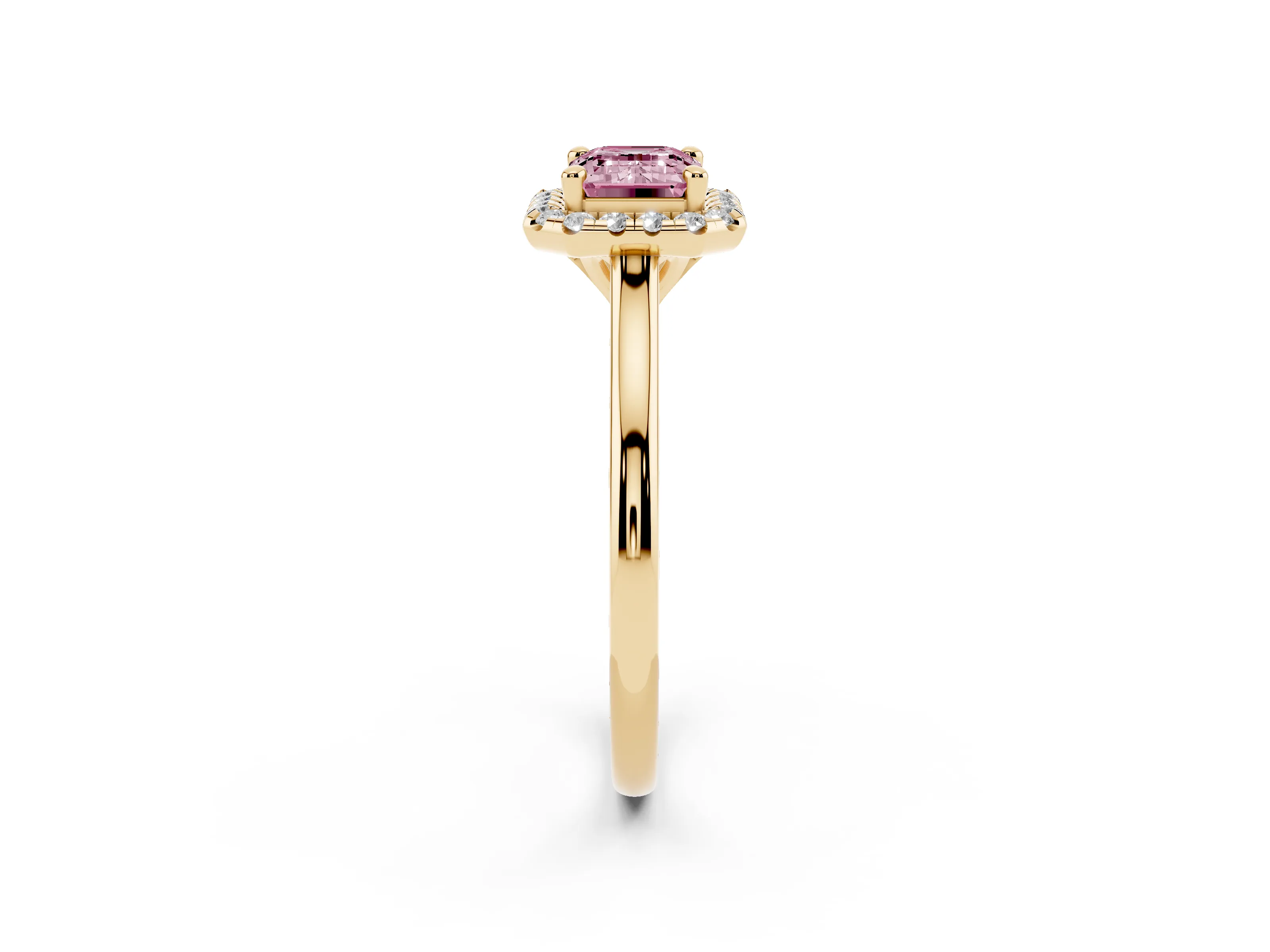 Fancy Pink Emerald Cut Diamond Halo Engagement Ring Set in Yellow gold with Pavé Band and Rising Shoulders