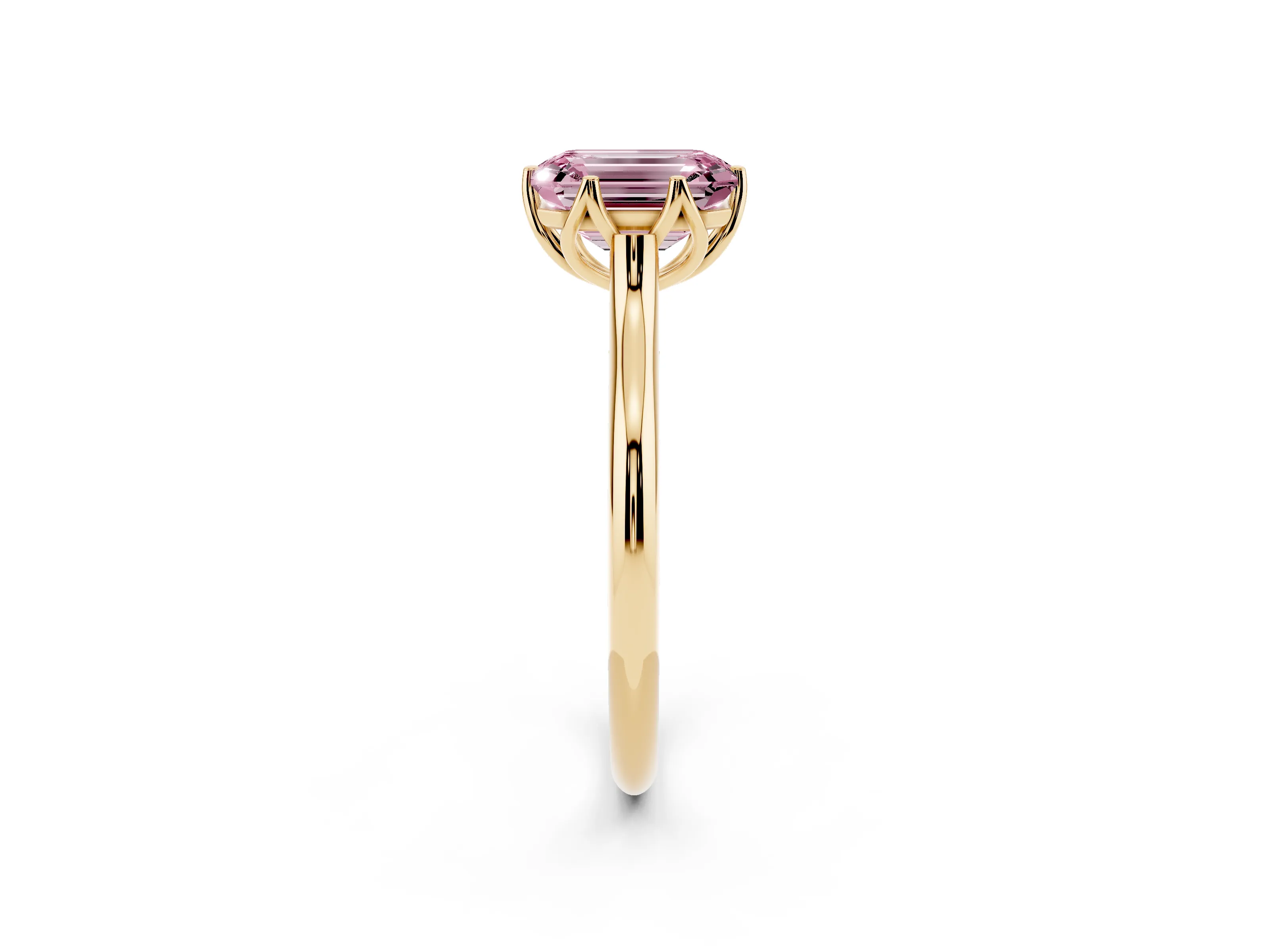 Fancy Pink Emerald Cut Diamond Solitaire Cathedral Ring Set in Yellow gold with Prong Setting