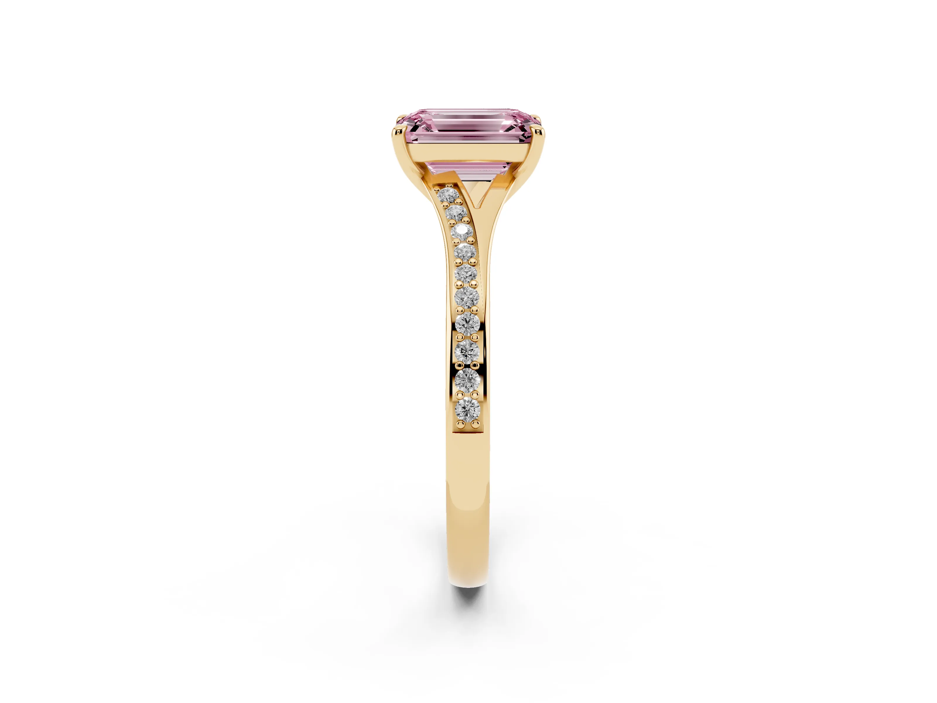 Fancy Pink Emerald Cut Diamond Solitaire Ring Set in Yellow gold with Pavé Accent Band and Classic Prong Setting