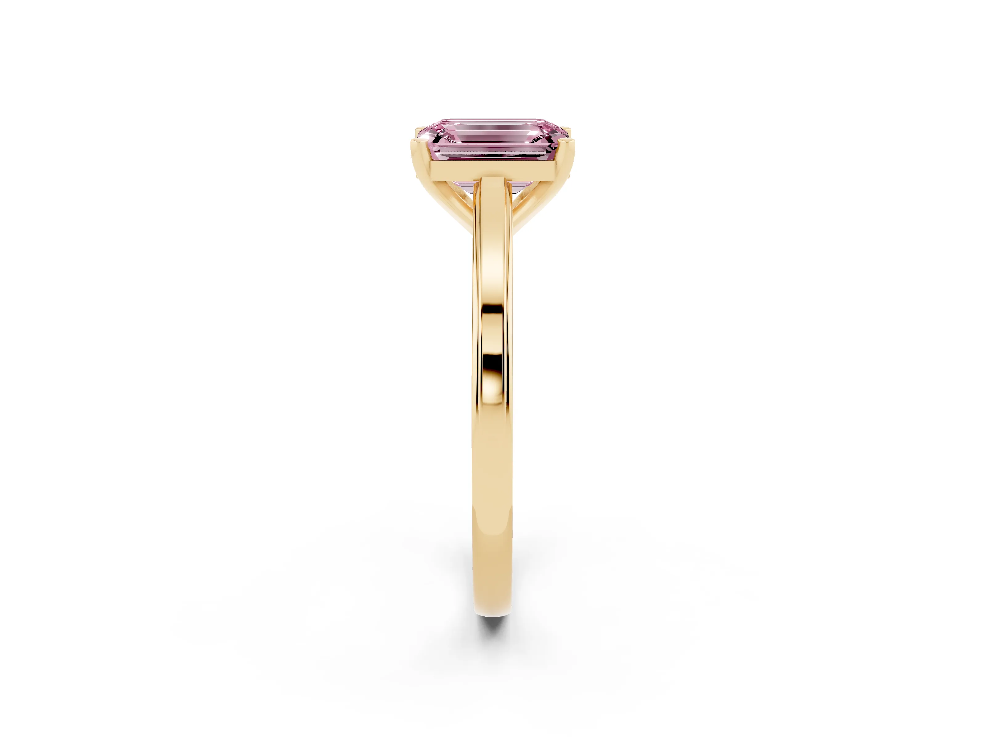 Fancy Pink Emerald Cut Diamond Solitaire Ring Set in Yellow gold with Prong Setting and Classic Band