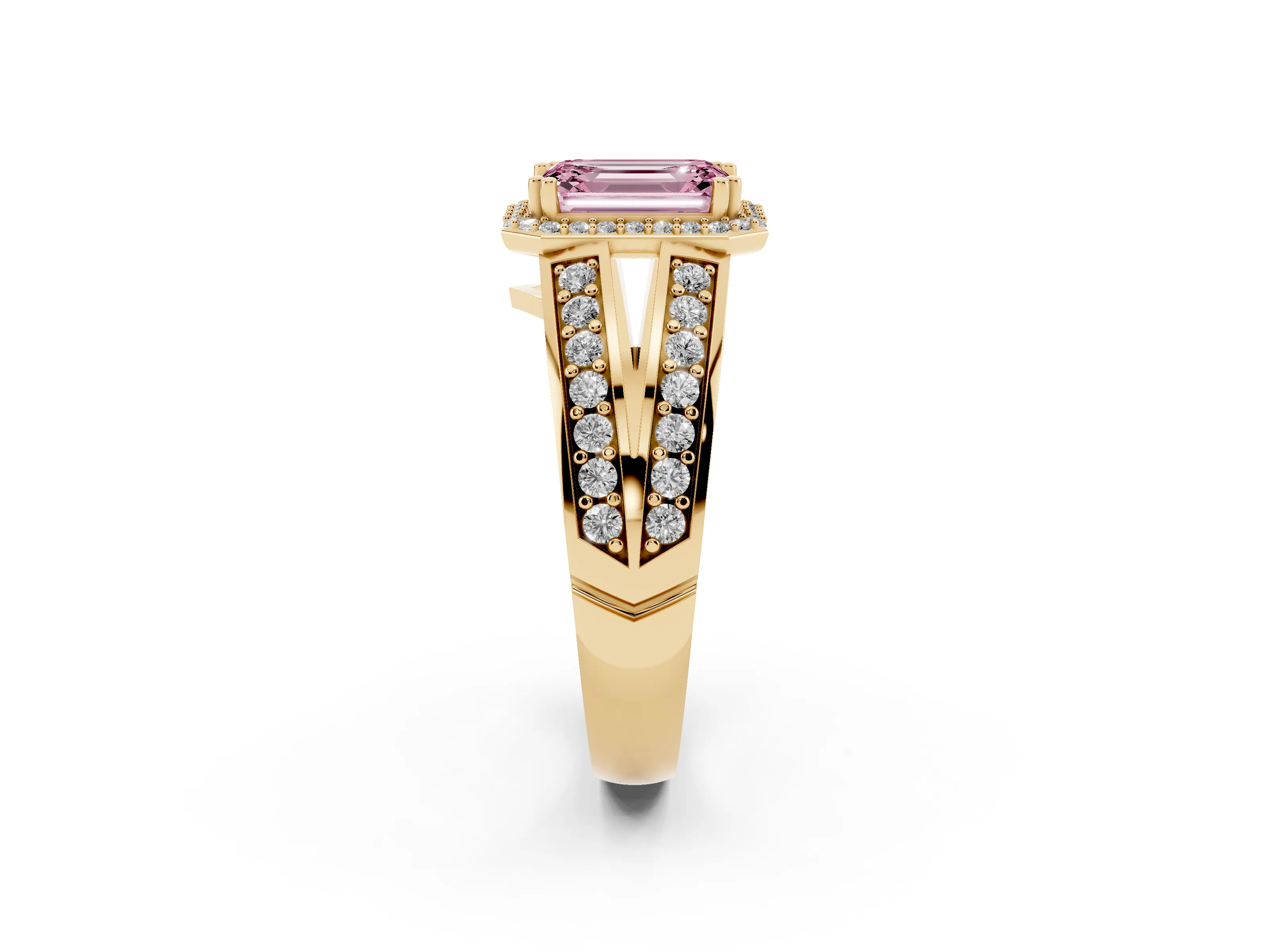 Fancy Pink Emerald Cut Diamond Halo Ring Set in Yellow gold with Double Pavé Split Shank