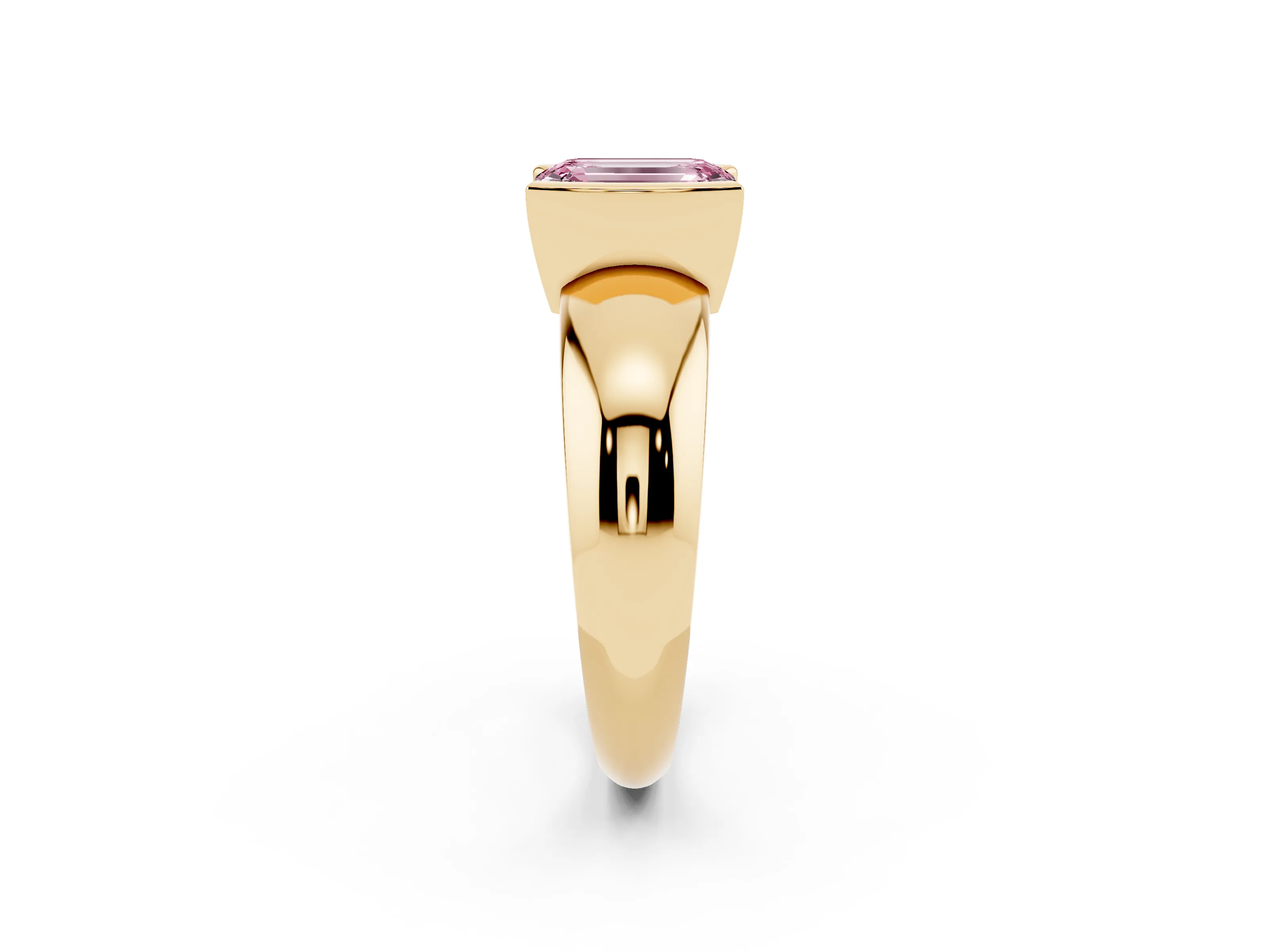 Fancy Pink Emerald Cut Diamond Solitaire Tension Set Ring Set in Yellow gold with Wide Band