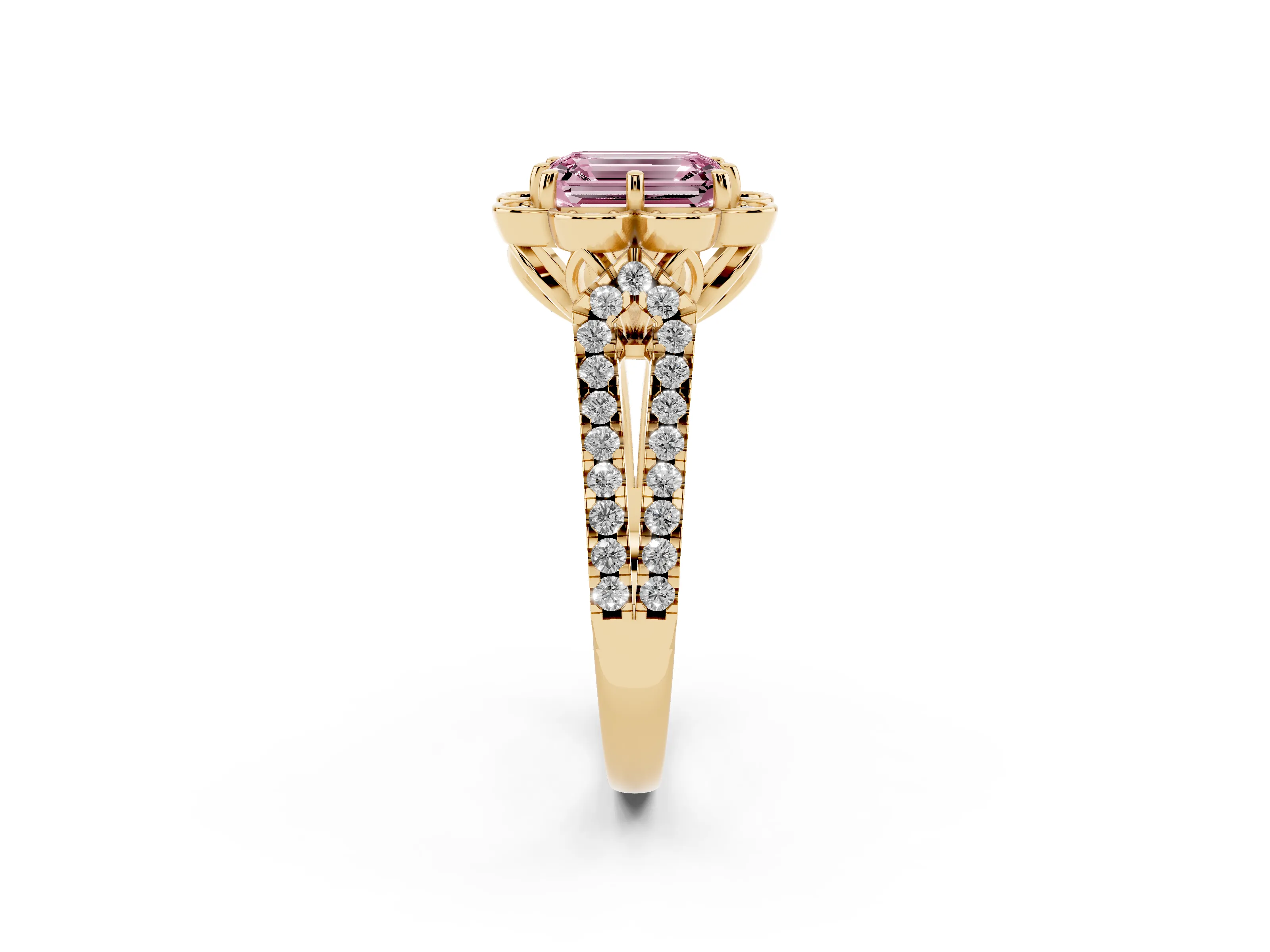 Fancy Pink Emerald Cut Diamond Floral Halo Split Shank Engagement Ring Set in Yellow gold with Pavé Shank