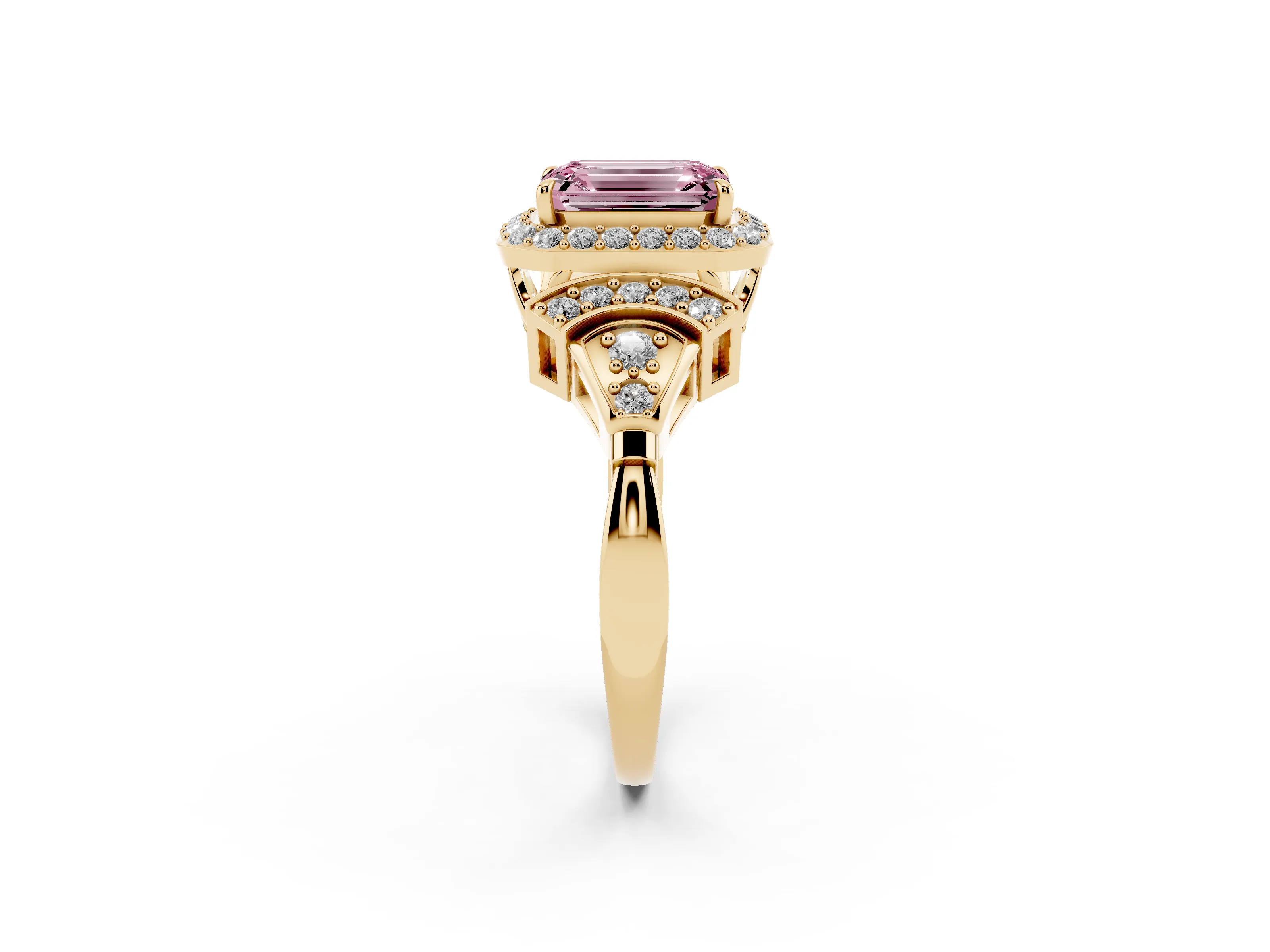 Fancy Pink Emerald Cut Diamond Halo Engagement Ring Set in Yellow gold with Accent Stone Split Shank