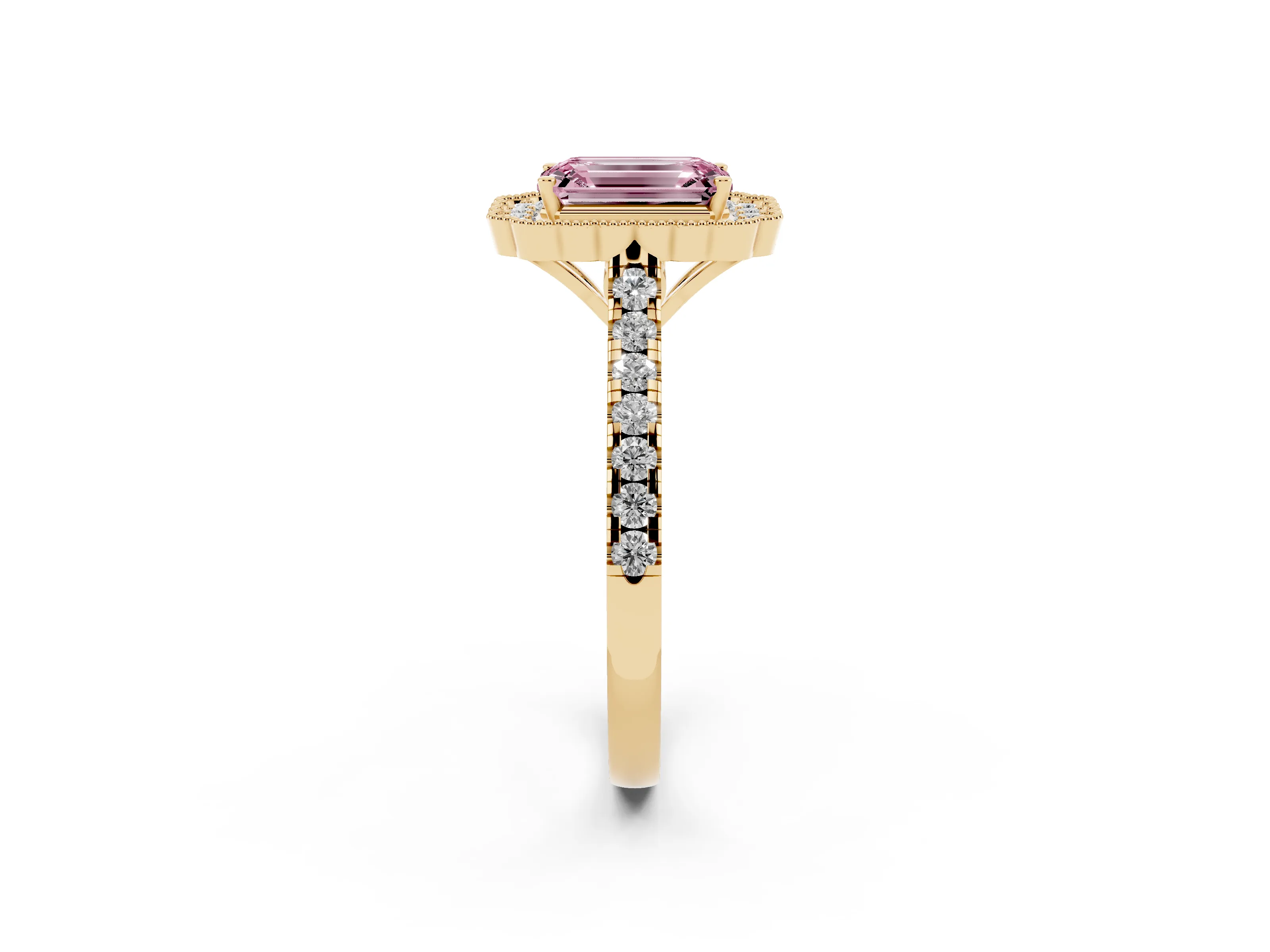Fancy Pink Emerald Cut Diamond Milgrain Floral Halo Engagement Ring Set in Yellow gold with Pavé Band