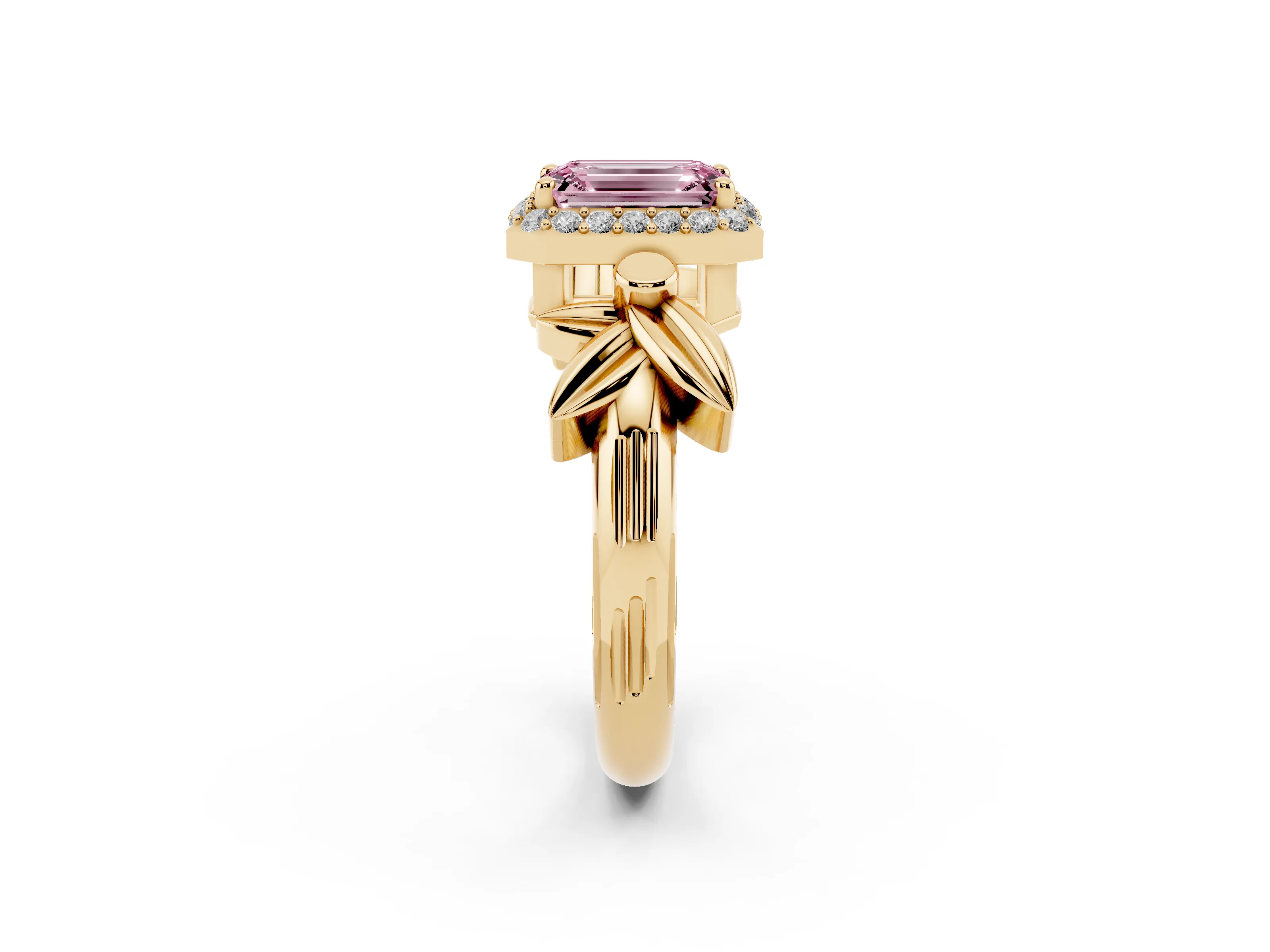 Fancy Pink Emerald Cut Diamond Halo Floral Band Ring Set in Yellow gold with Prong Setting
