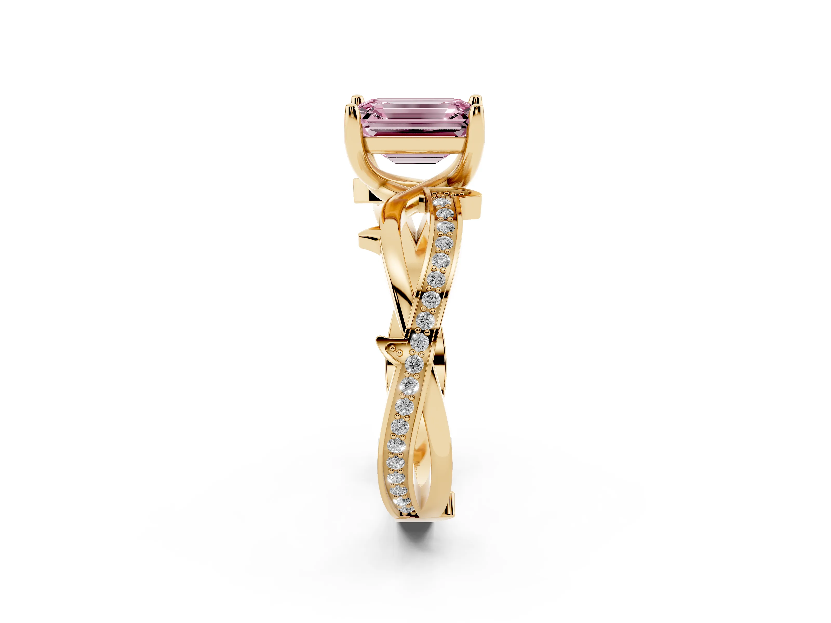 Fancy Pink Emerald Cut Diamond Pavé Twist Band Solitaire Ring Set in Yellow gold with Prong Setting