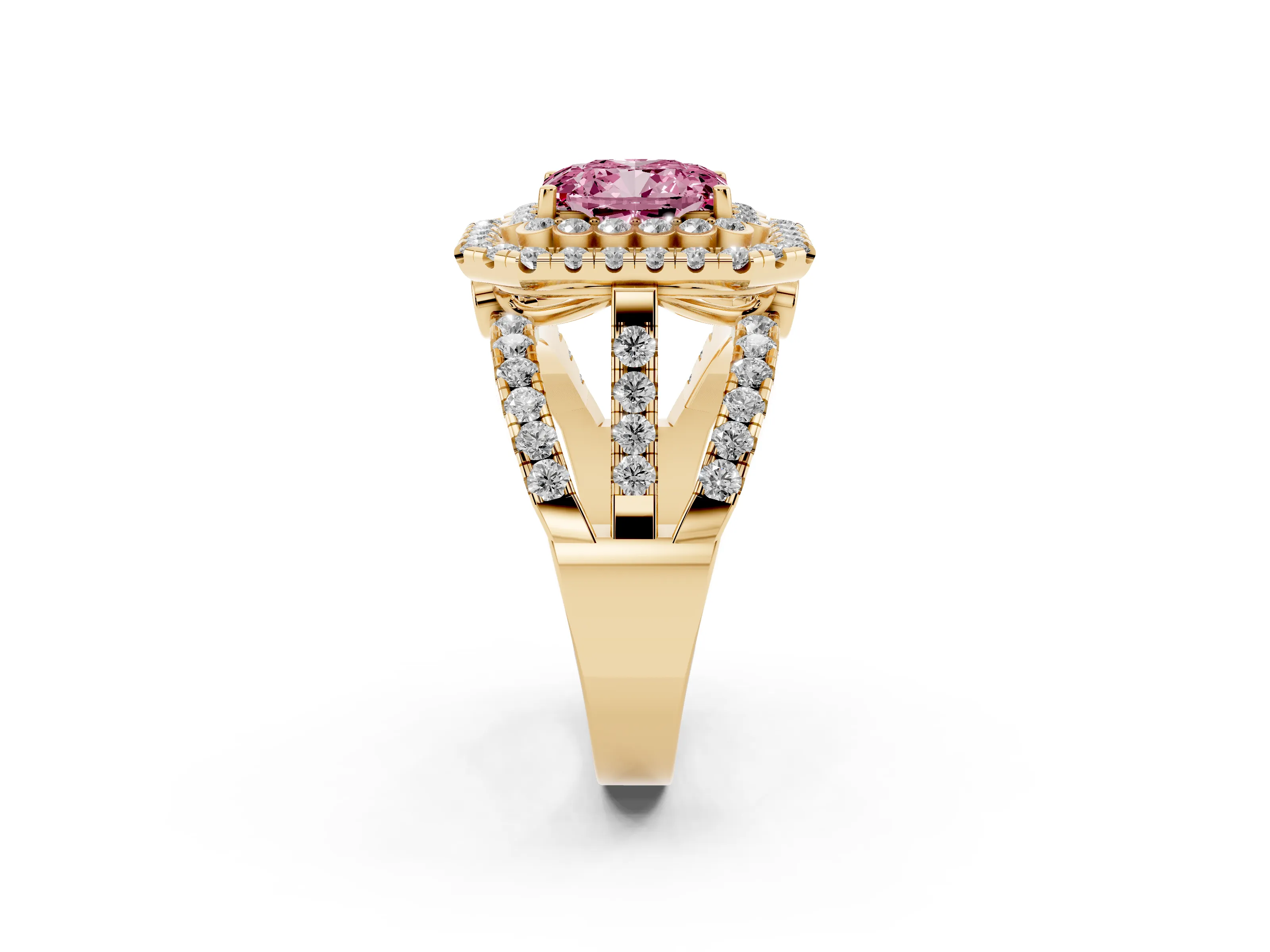 Fancy Pink Emerald Cut Diamond Double Halo Ring Set in Yellow gold with Round Pavé Split Shank