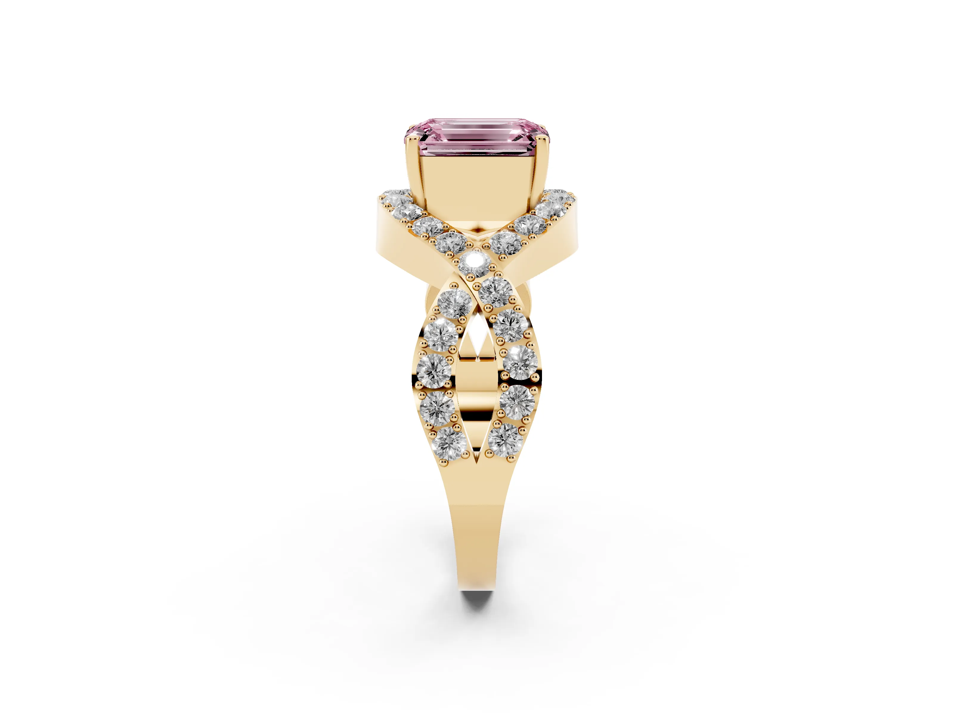 Fancy Pink Emerald Cut Diamond Solitaire Twist Band Pavé Engagement Ring Set in Yellow gold