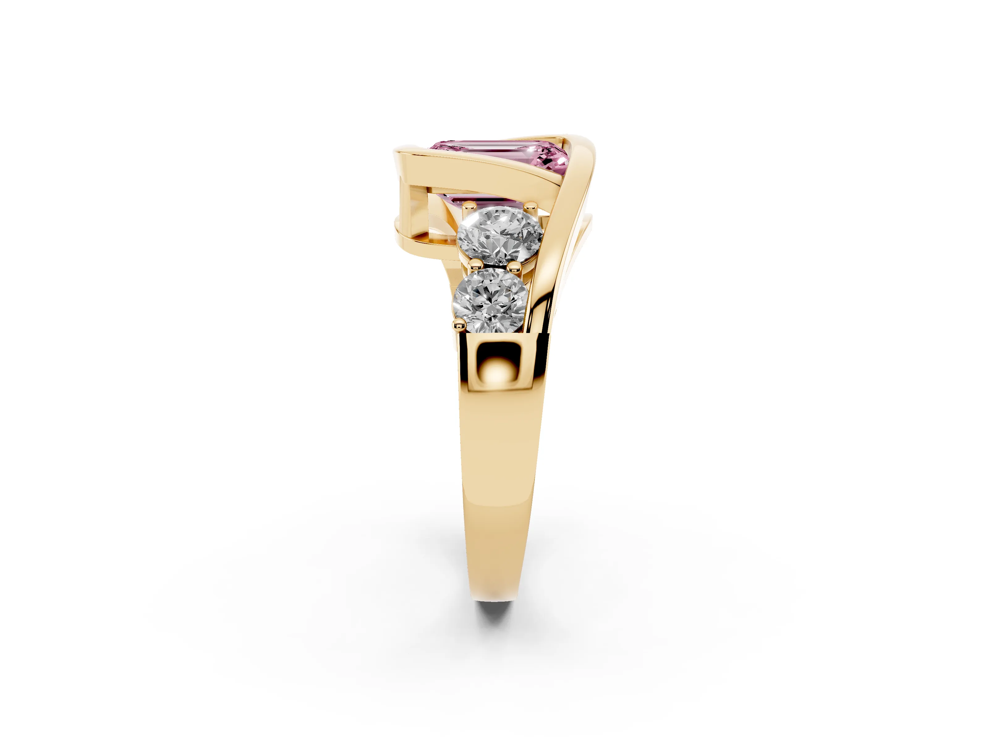 Fancy Pink Emerald Cut Diamond Bezel Bypass Ring Set in Yellow gold with Round Accents