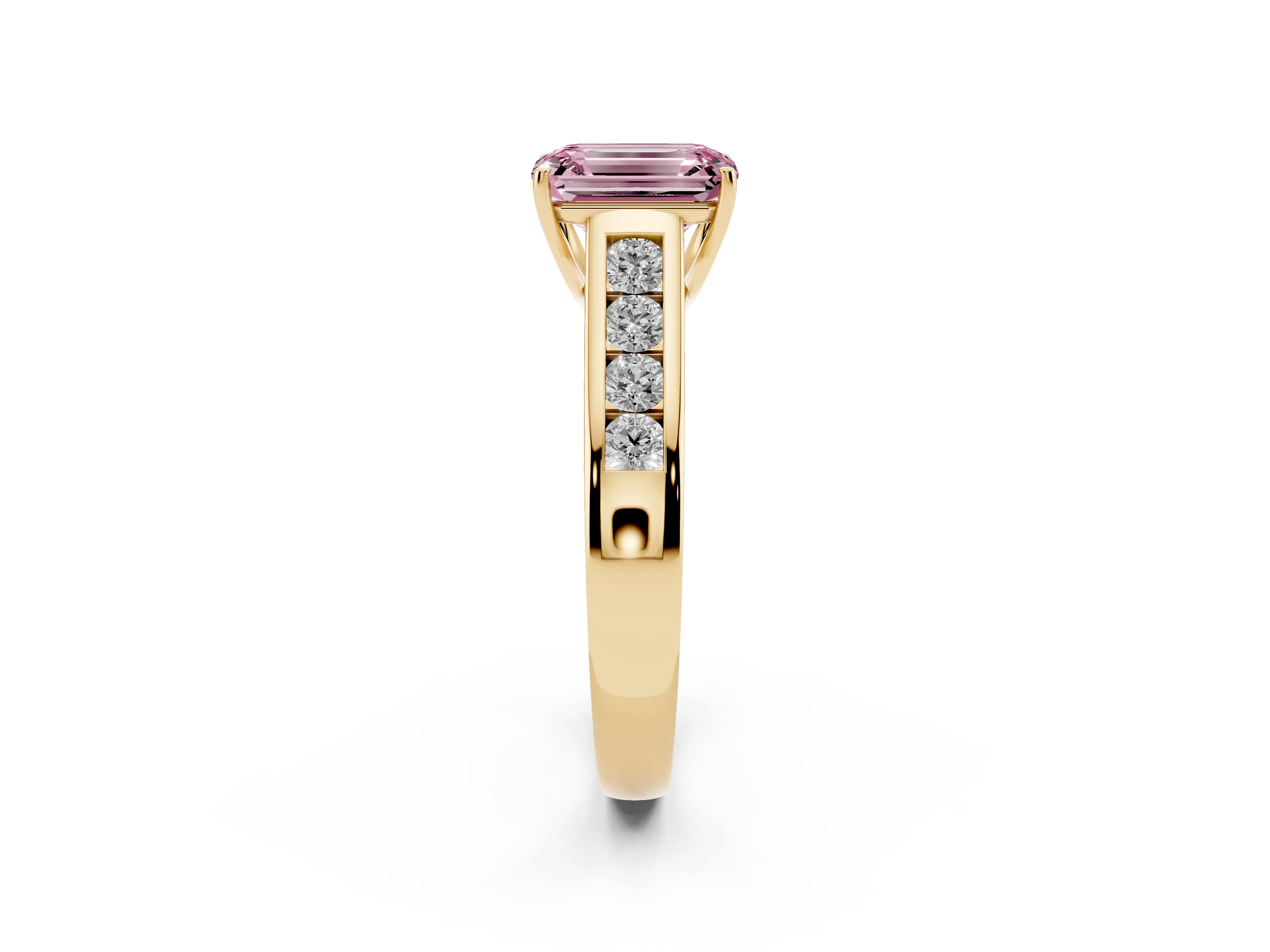 Fancy Pink Emerald Cut Diamond Solitaire Channel-Set Engagement Ring Set in Yellow gold with Prong Setting