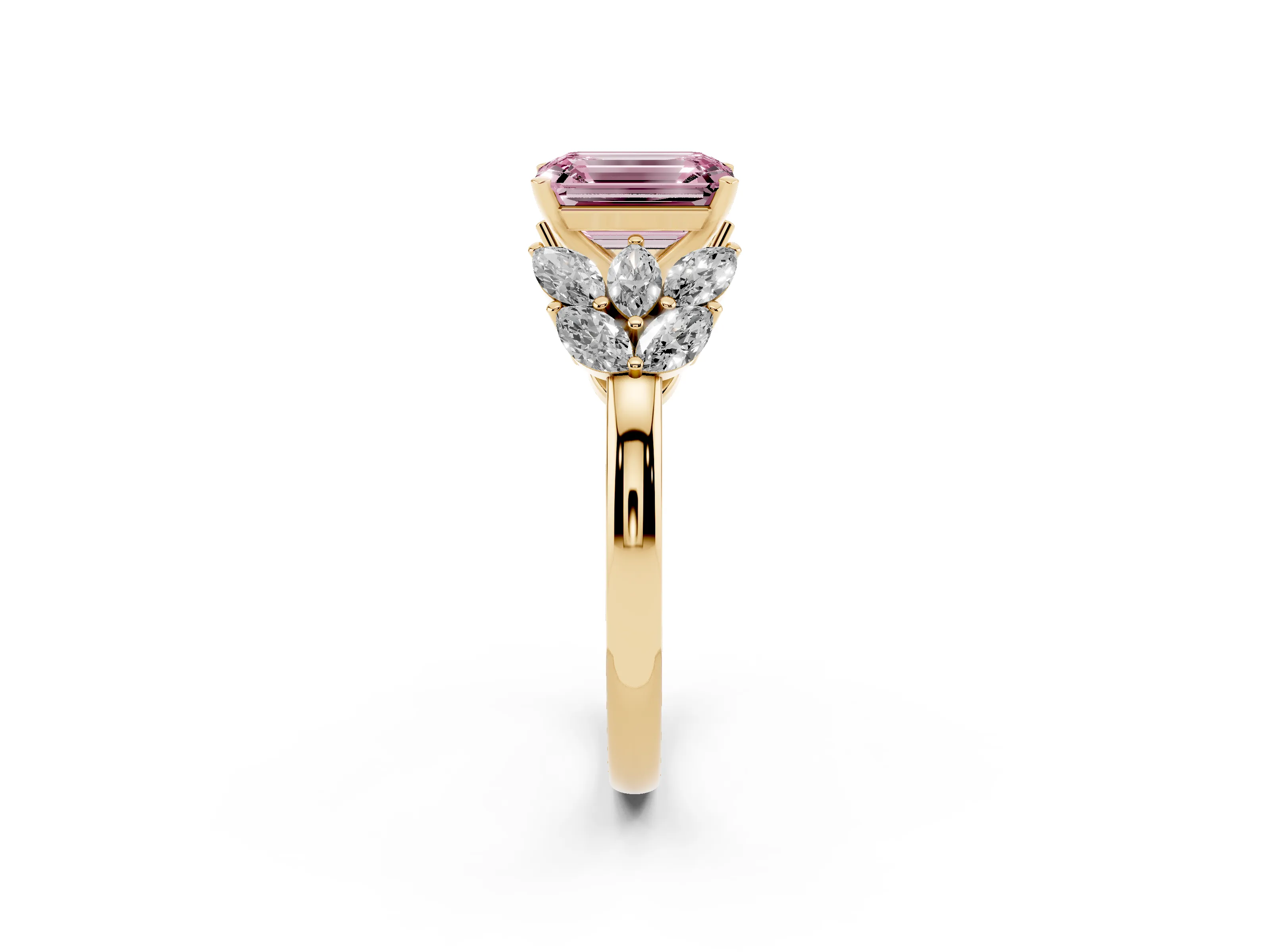 Fancy Pink Emerald Cut Diamond Cluster Leaf Design Ring Set in Yellow gold with Prong Setting