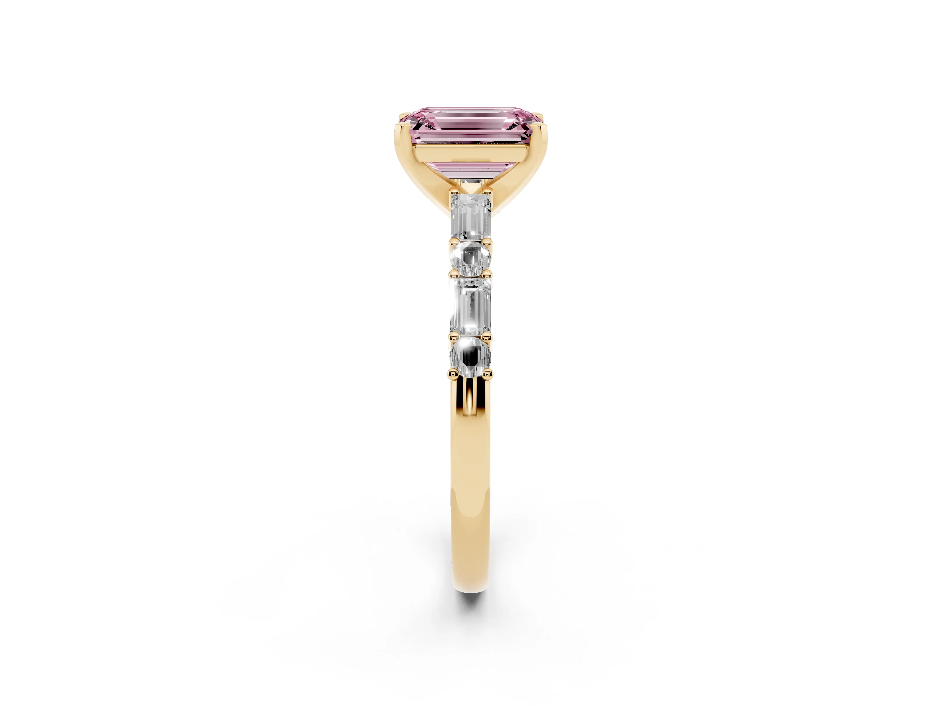 Fancy Pink Emerald Cut Diamond Solitaire Set in Yellow gold with Side Baguettes and Channel Set Band
