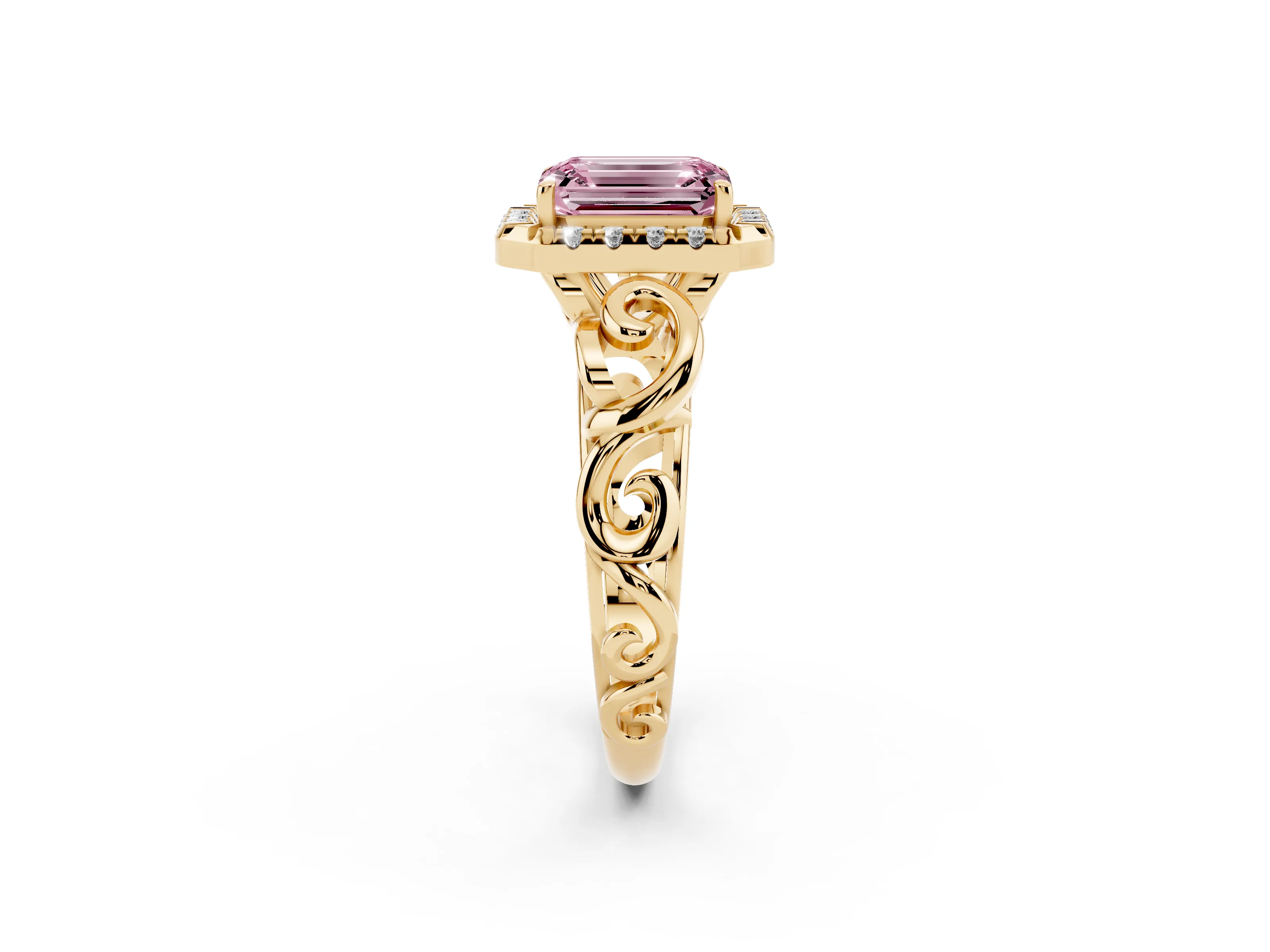 Fancy Pink Emerald Cut Diamond Halo Ring Set in Yellow gold with Scrollwork Band and Prong Setting