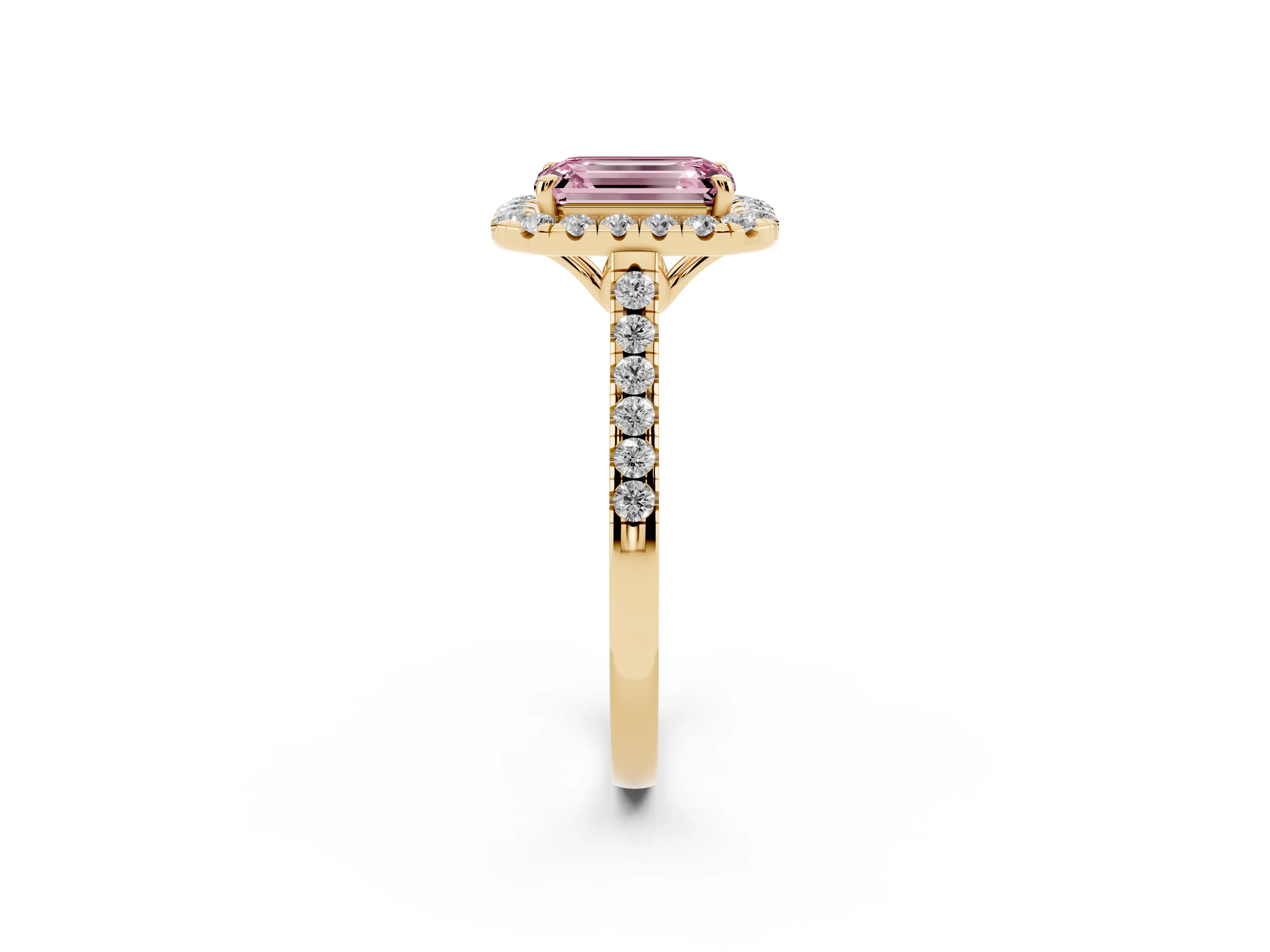 Fancy Pink Emerald Cut Diamond Pavé Halo Engagement Ring Set in Yellow gold with Pavé Band and Prong Setting
