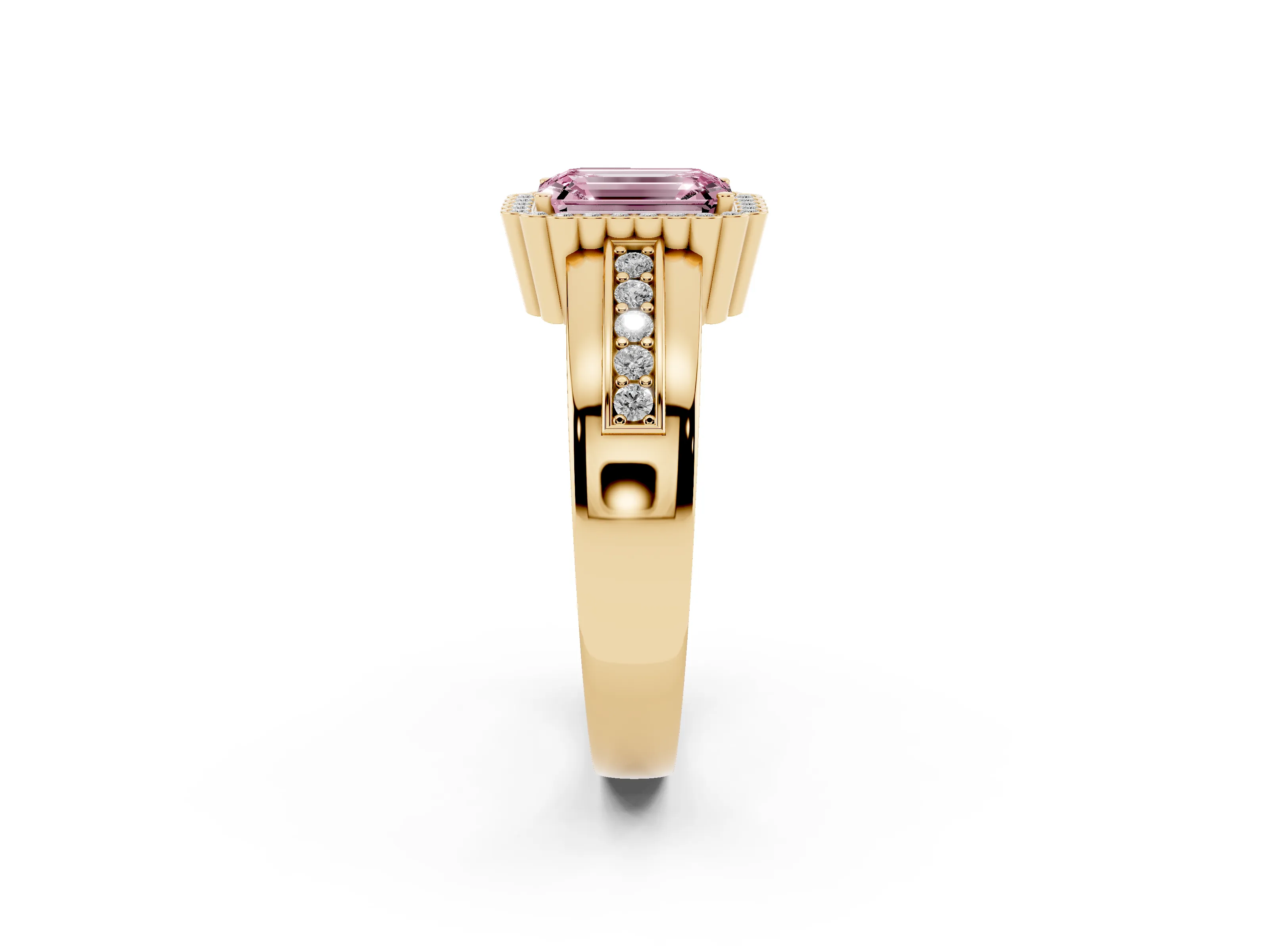 Fancy Pink Emerald Cut Diamond Halo Prong Ring Set in Yellow gold with Pavé Band