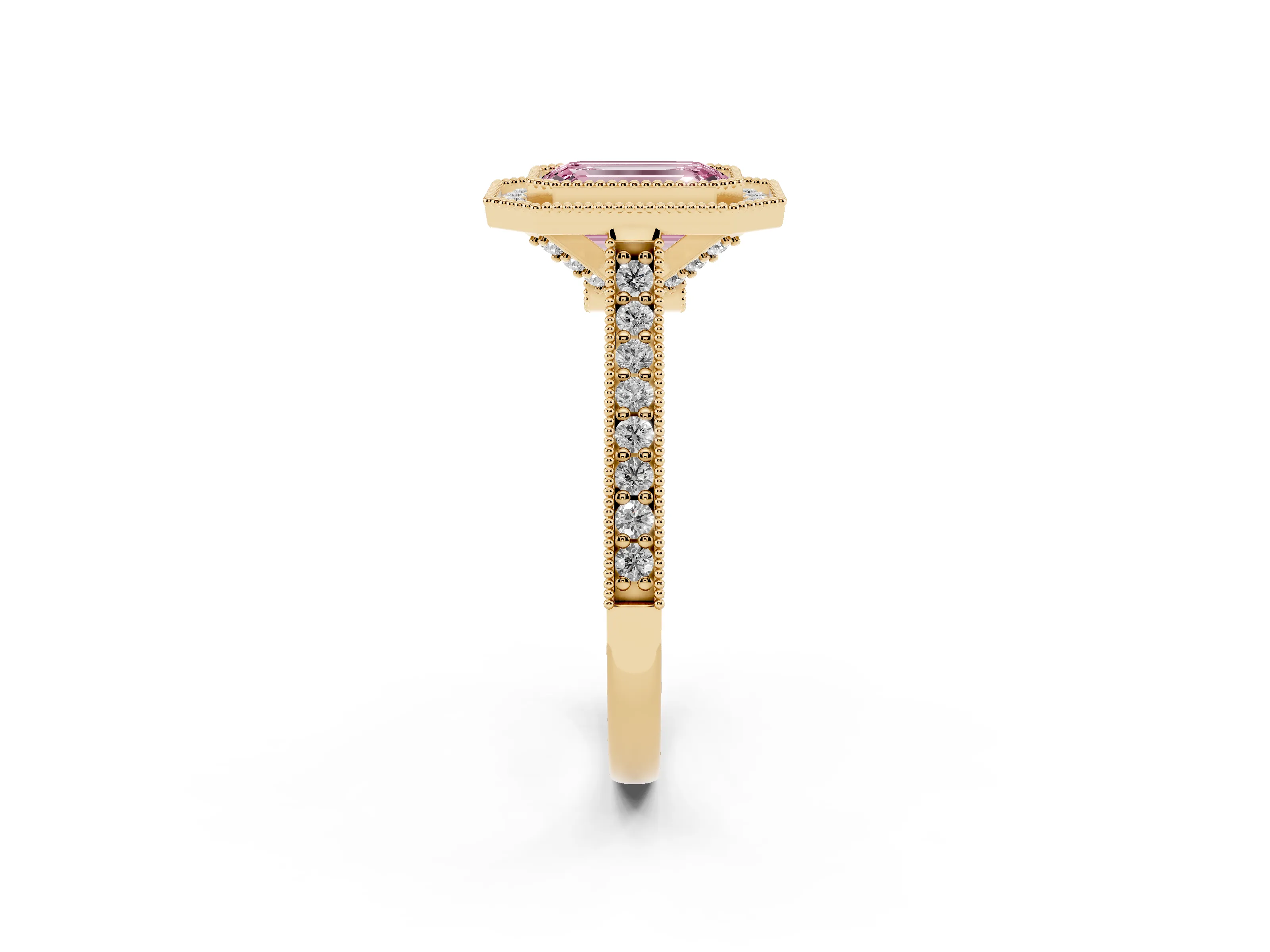 Fancy Pink Emerald Cut Diamond Halo Milgrain Pavé Band Ring Set in Yellow gold with Prong Setting