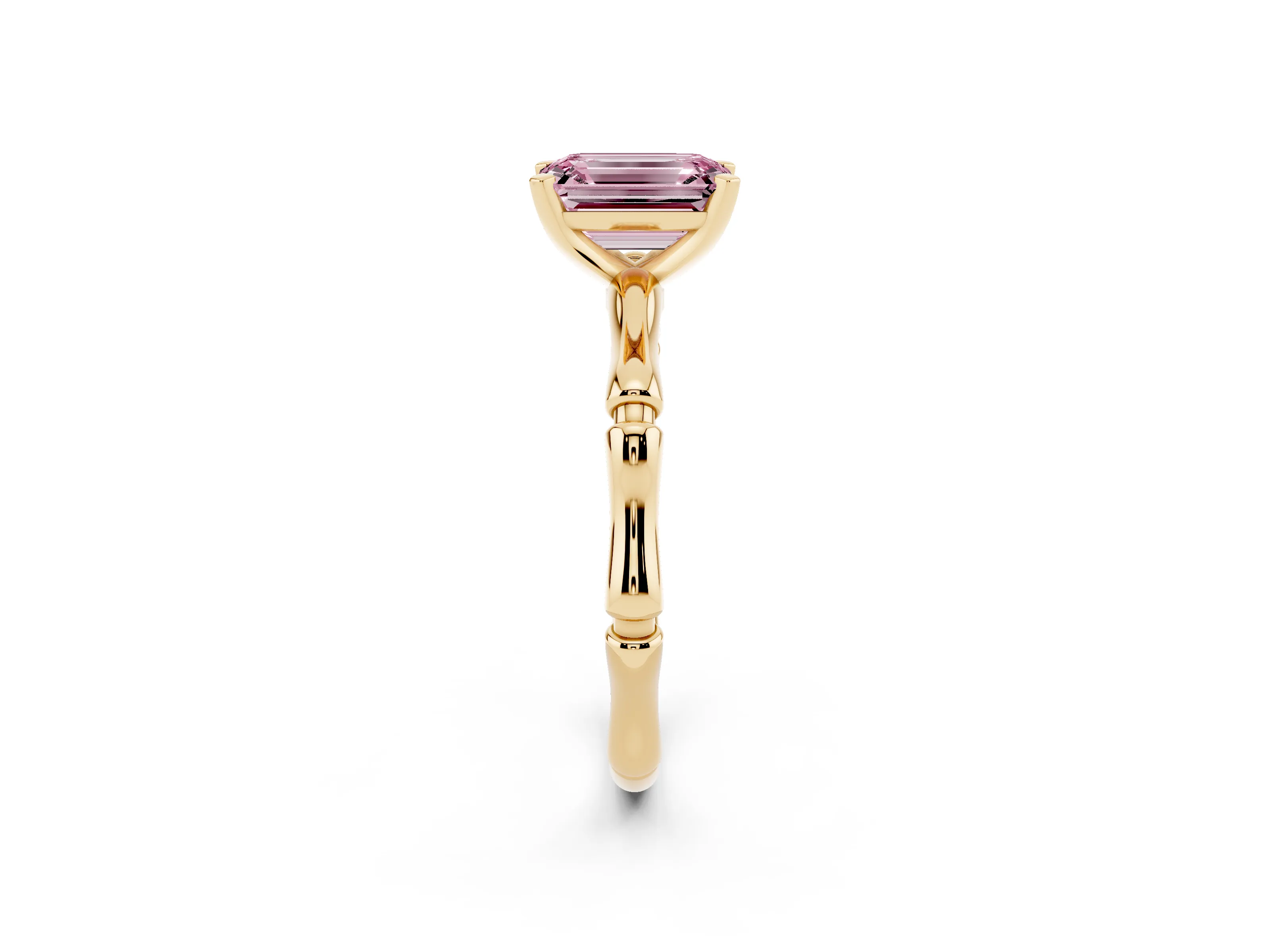 Fancy Pink Emerald Cut Diamond Solitaire Ring Set in Yellow gold with Bamboo Band and Prong Setting