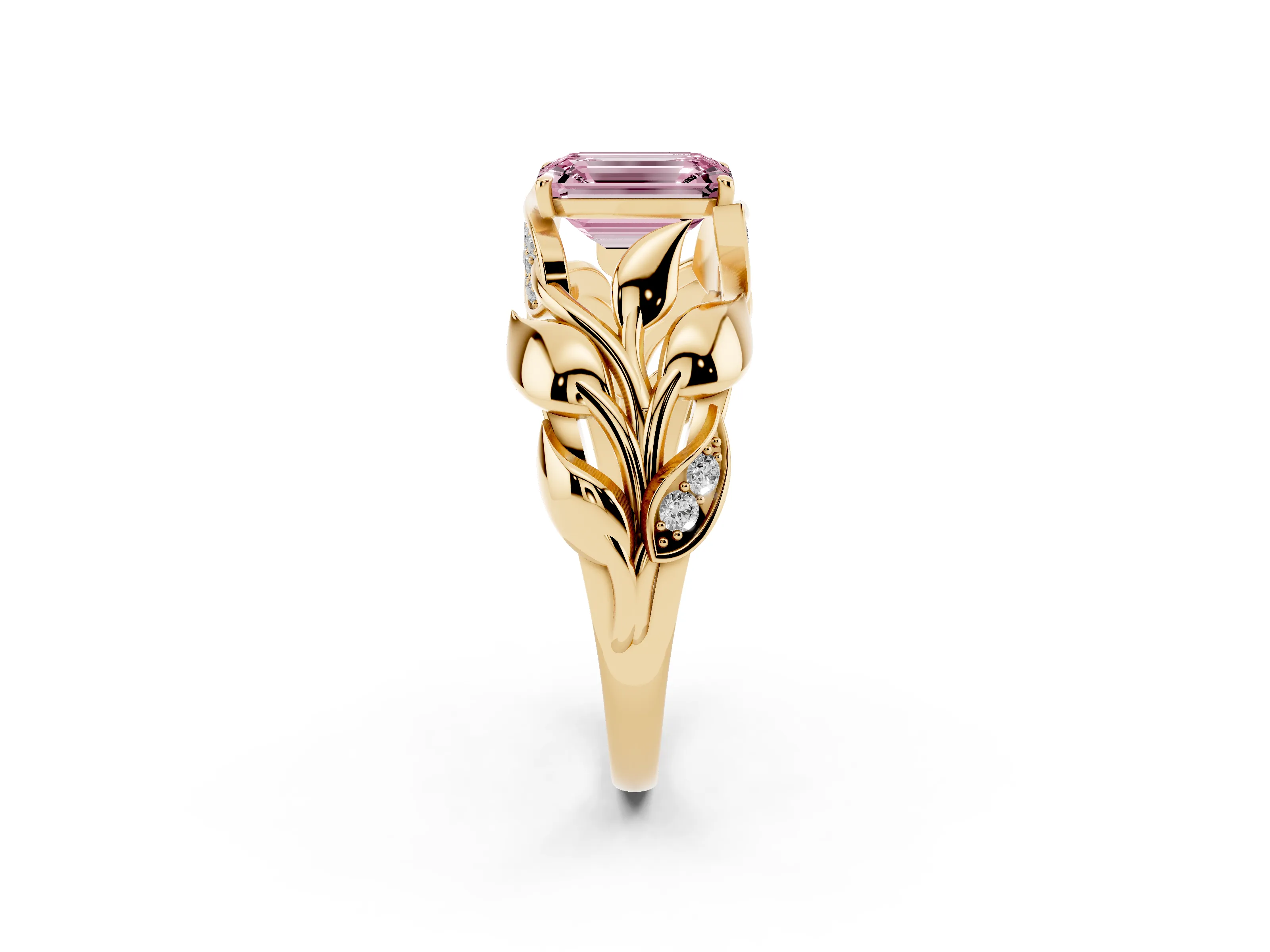 Fancy Pink Emerald Cut Diamond Leaf-Inspired Engagement Ring Set in Yellow gold with Round Accents