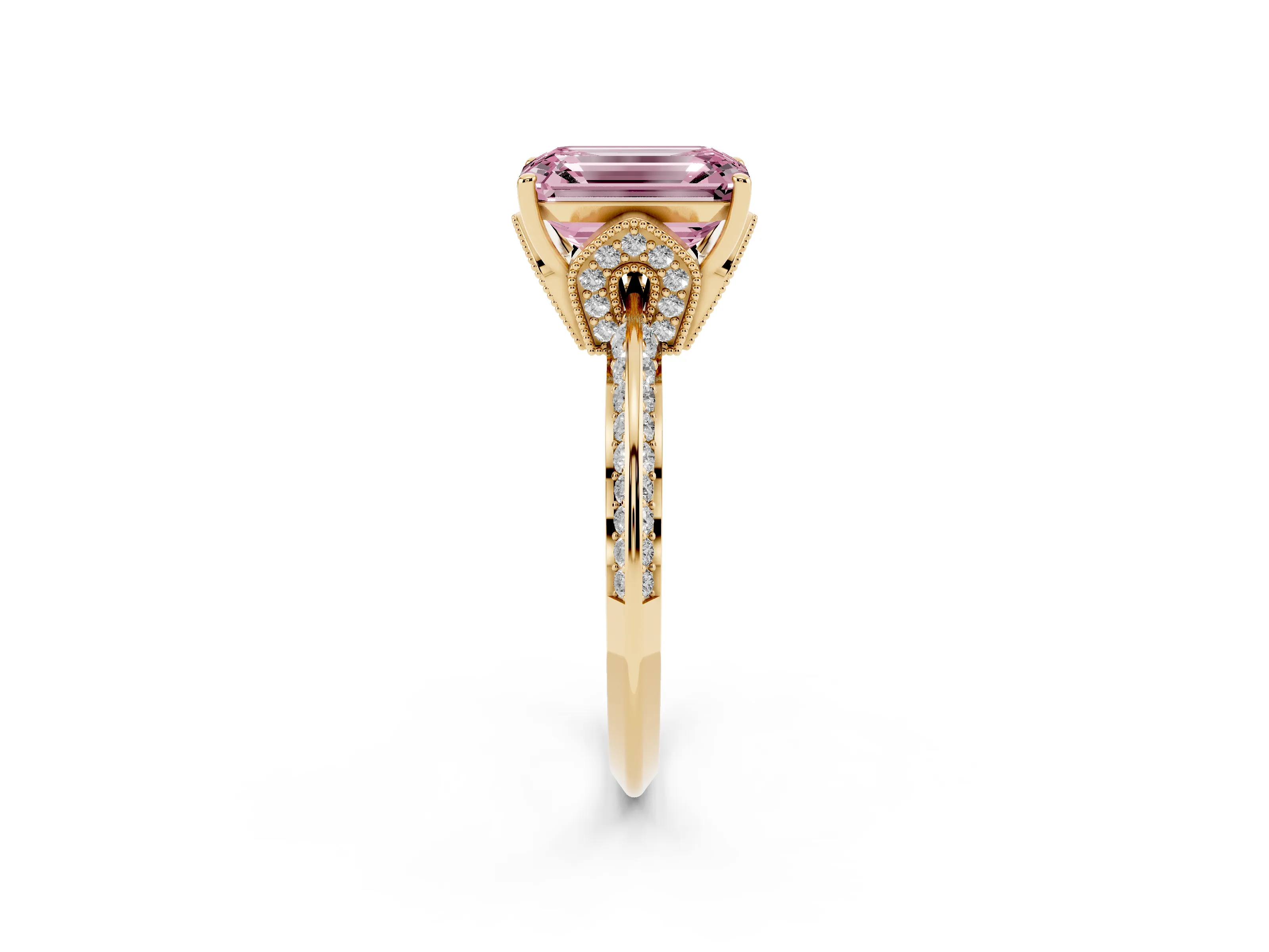 Fancy Pink Emerald Cut Diamond Solitaire Engagement Ring Set in Yellow gold with Pavé Split Shank and Prong Setting