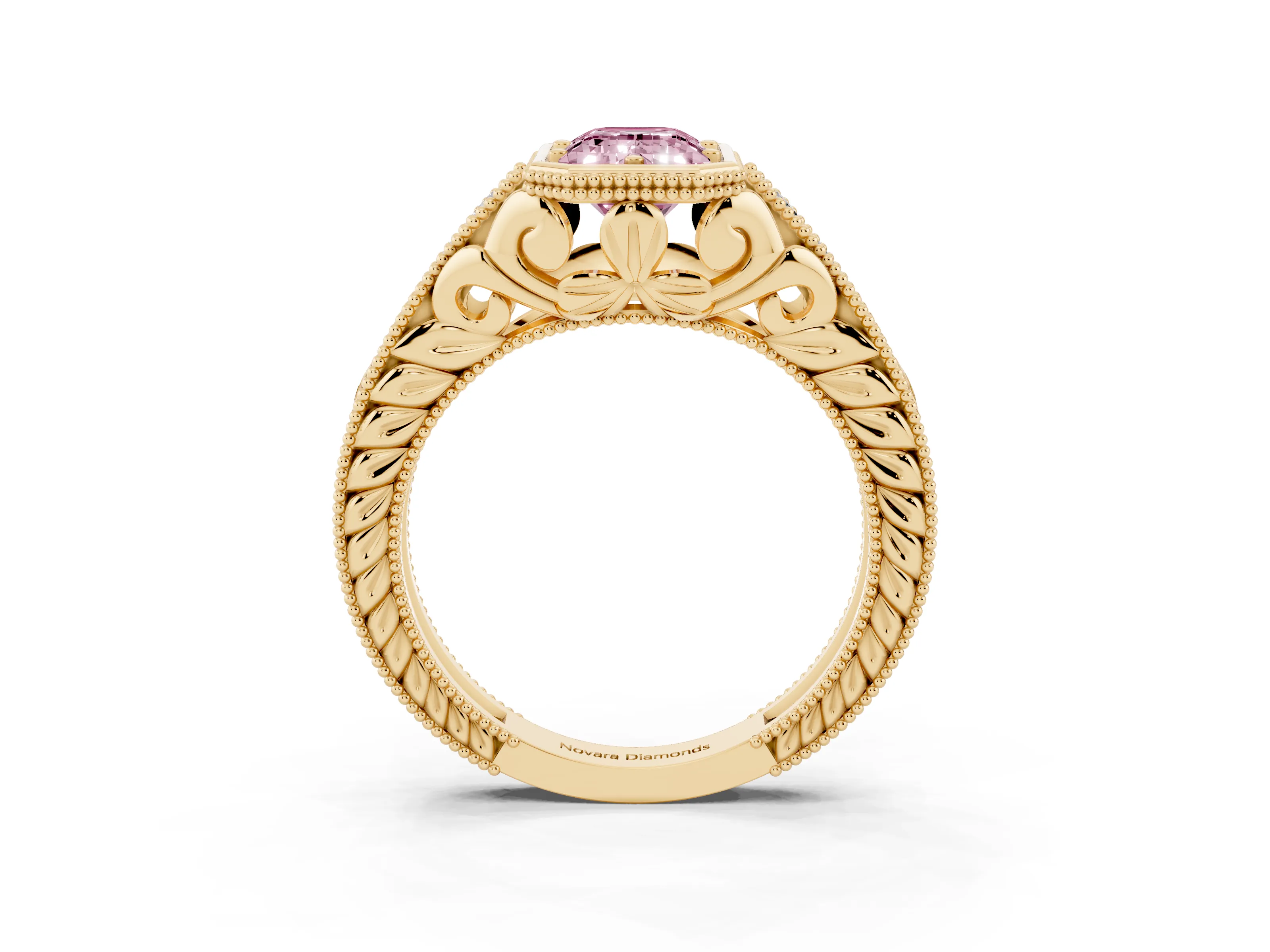 Fancy Pink Bezel Set Emerald Cut Diamond Milgrain Pavé Engagement Ring Set in Yellow gold