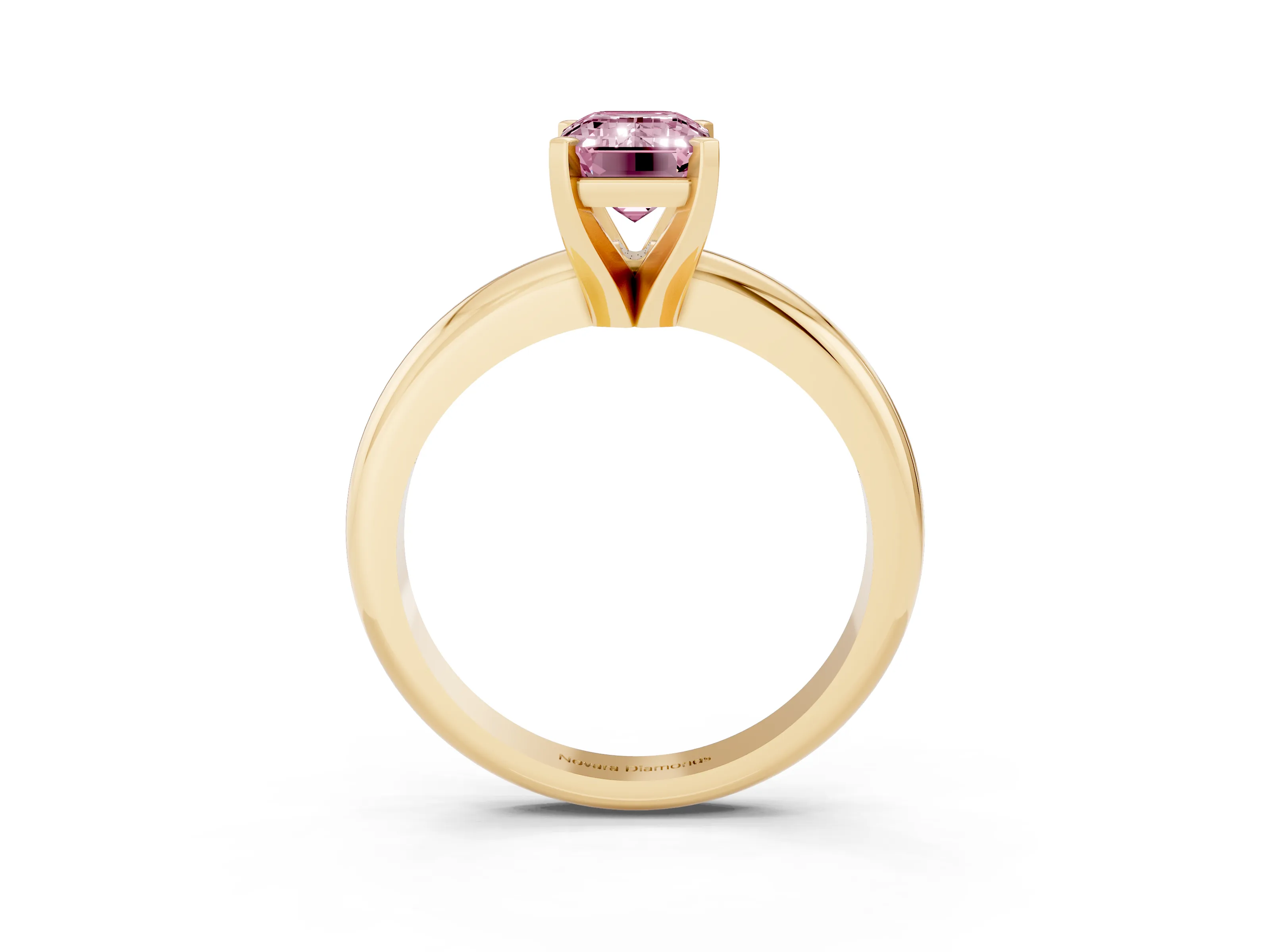 Fancy Pink Emerald Cut Diamond Solitaire Engagement Ring Set in Yellow gold with Round Band and Prong Setting