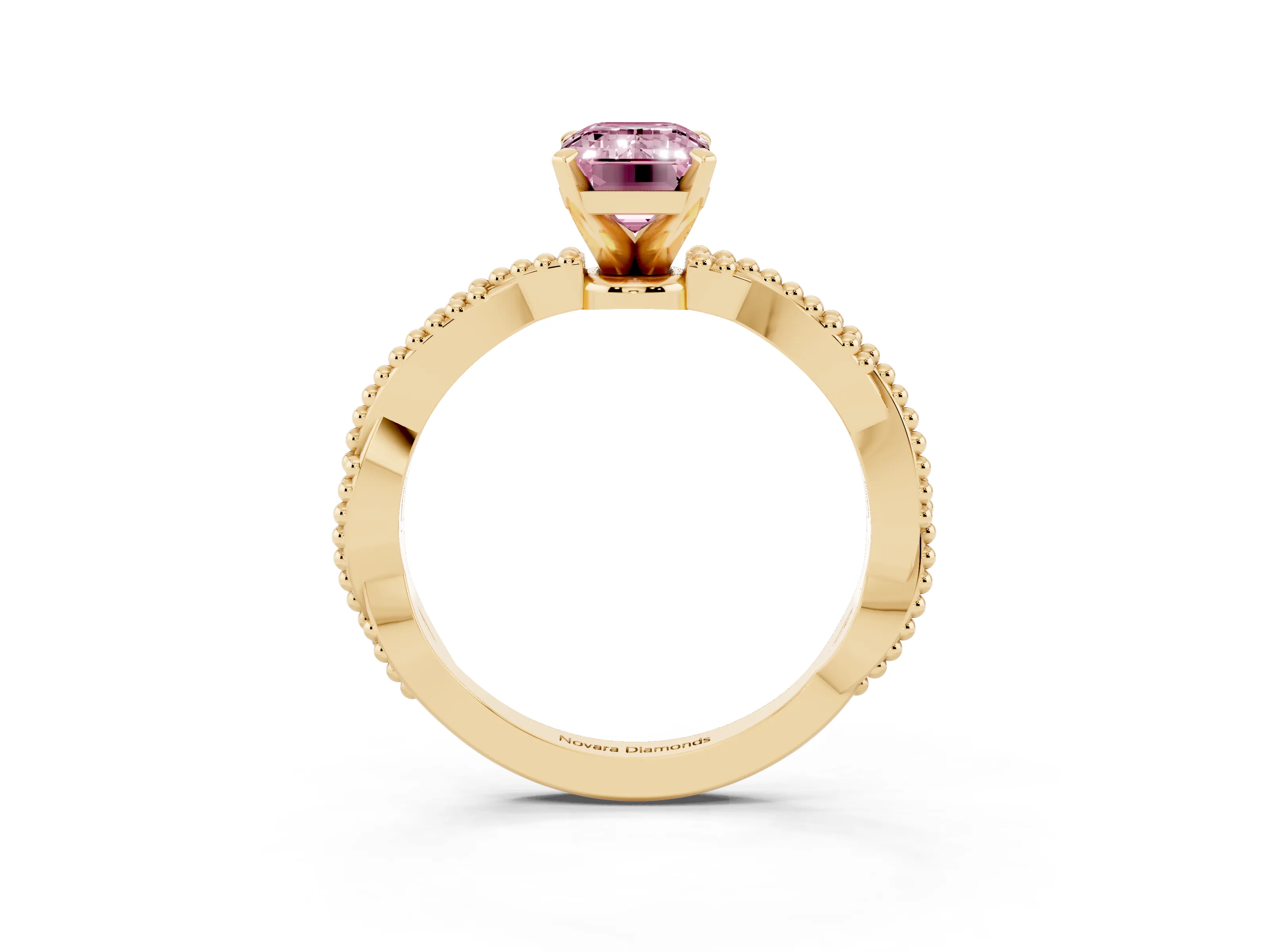 Fancy Pink Emerald Cut Diamond Solitaire Ring Set in Yellow gold with Twisted Band and Bead Prong Setting