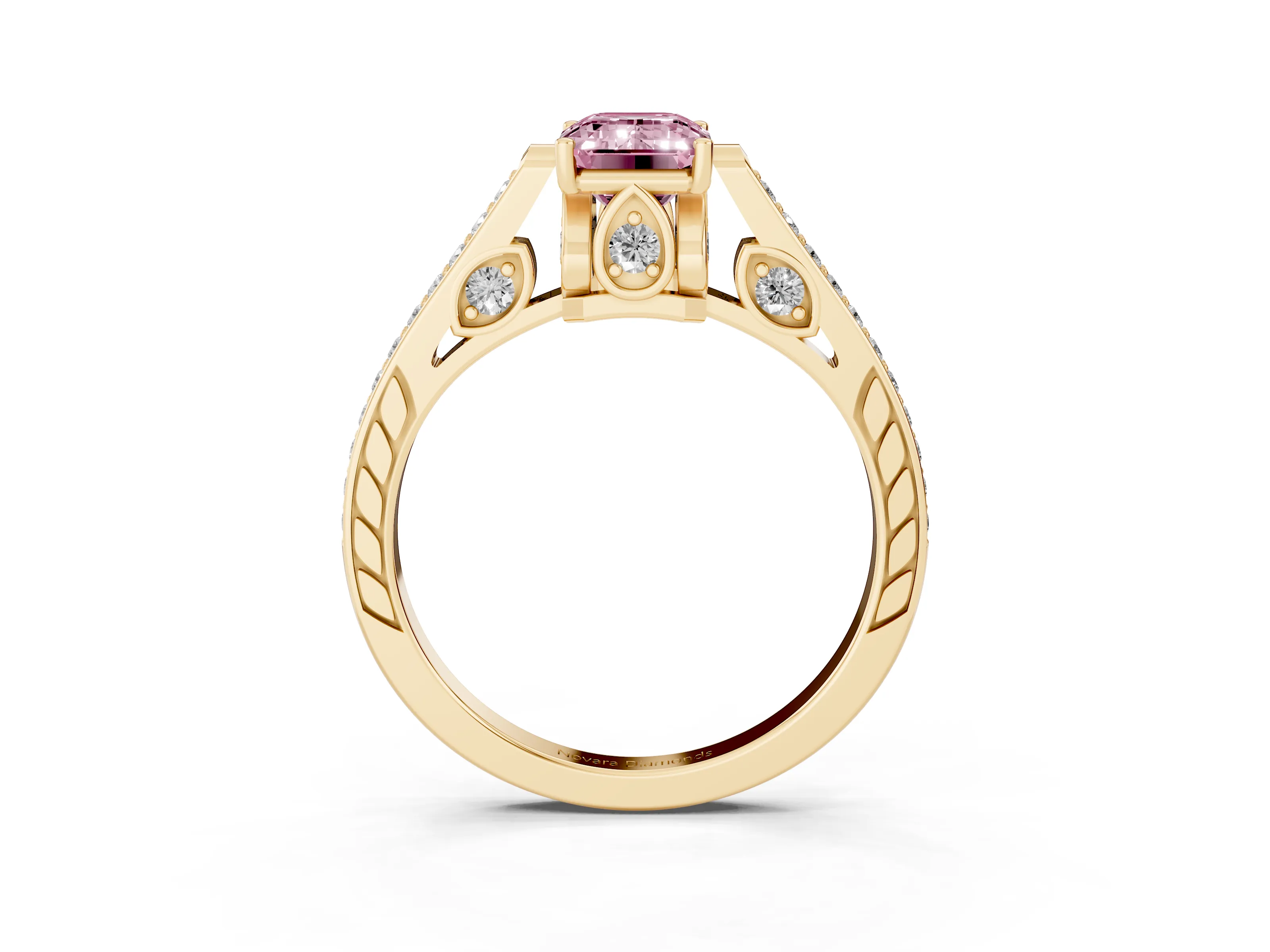 Fancy Pink Emerald Cut Diamond Cathedral Pavé Engagement Ring Set in Yellow gold with Prong Setting