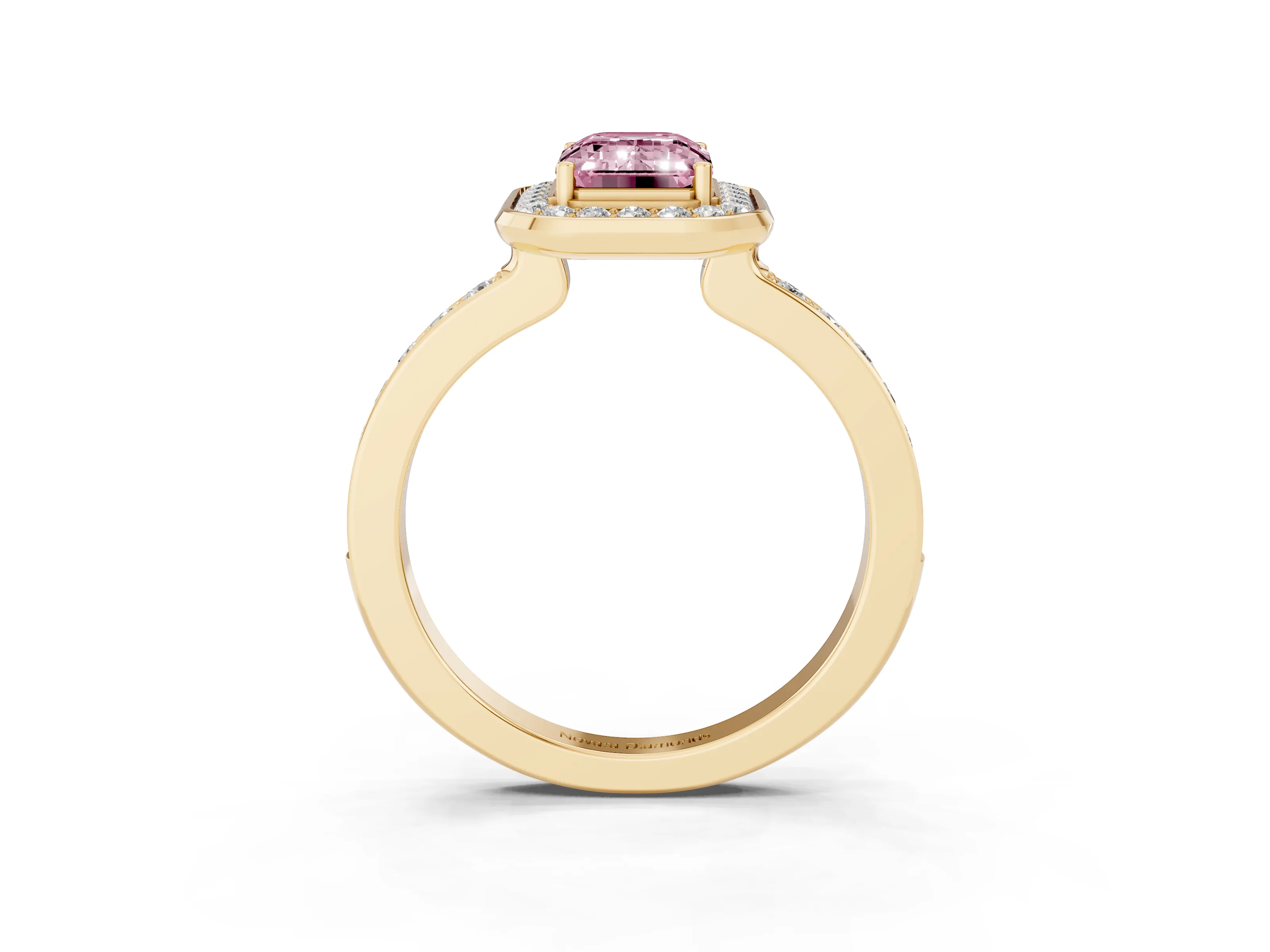 Fancy Pink Emerald Cut Diamond Halo Ring Set in Yellow gold with Bezel Frame and Pavé Band
