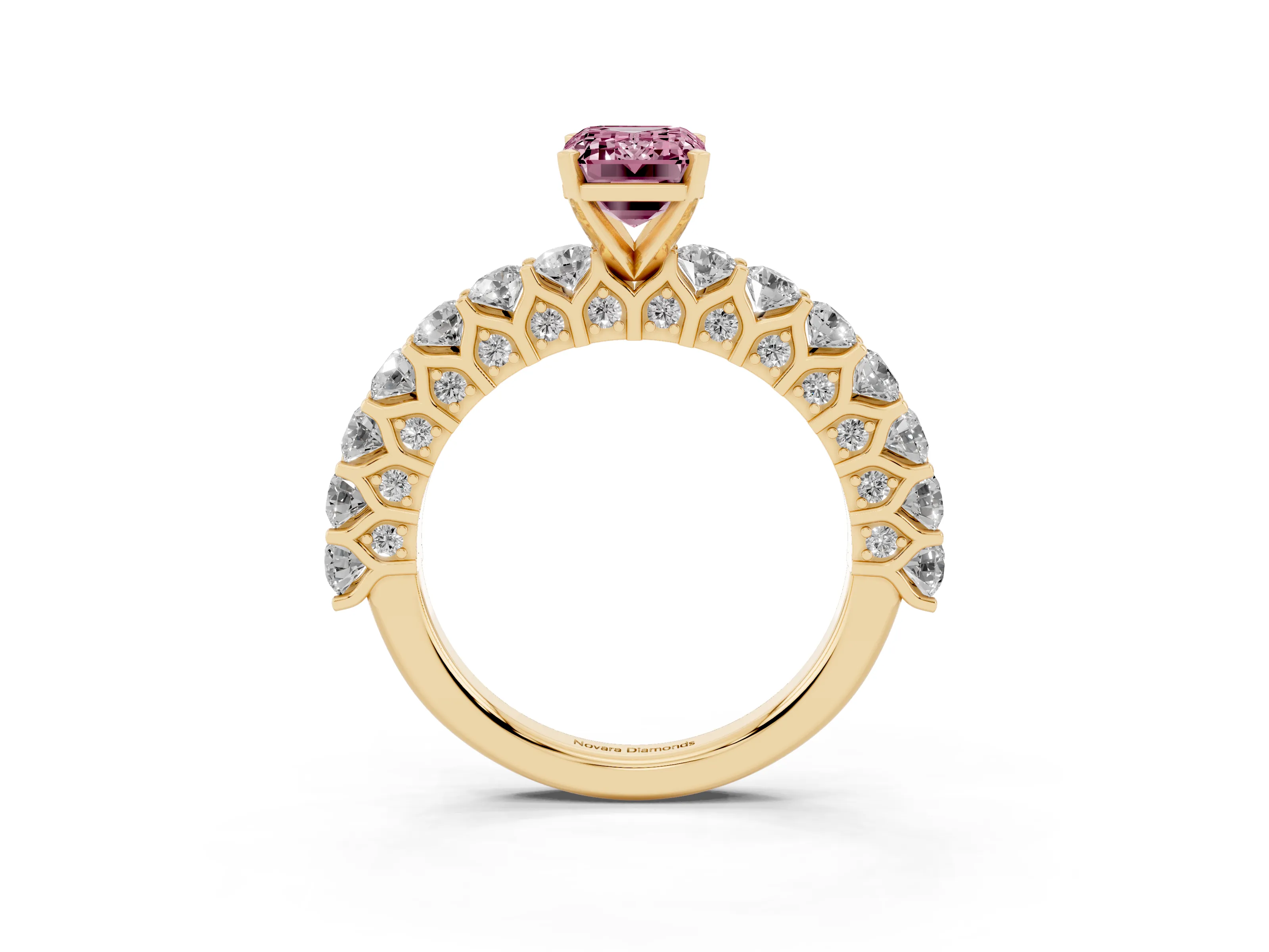 Fancy Pink Emerald Cut Diamond Solitaire Ring Set in Yellow gold with Shared Prong Pavé Band