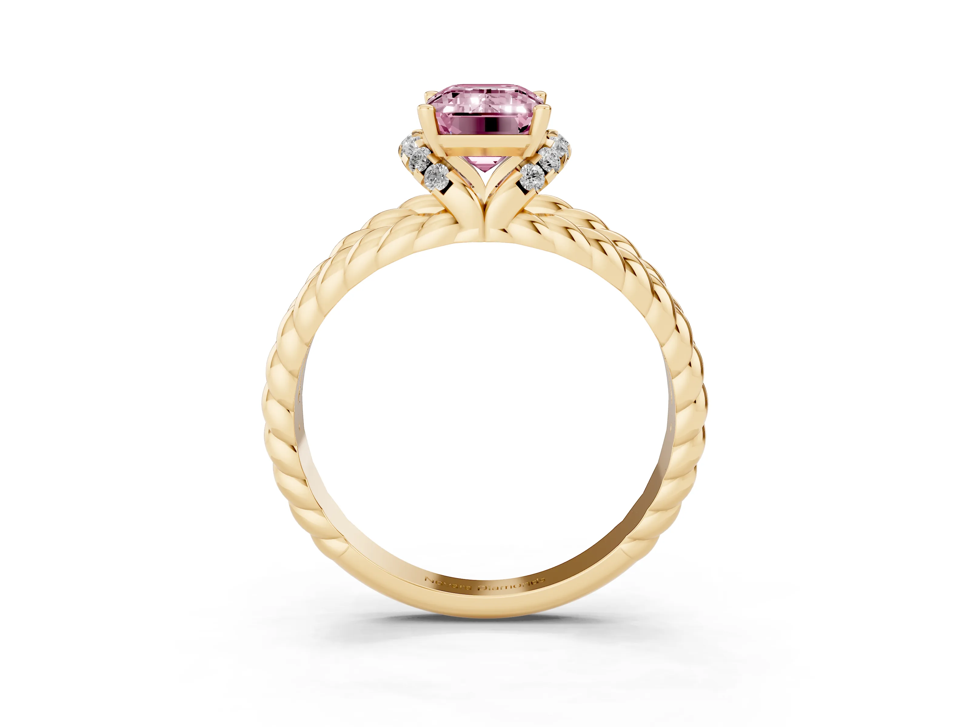 Fancy Pink Emerald Cut Diamond Halo Ring Set in Yellow gold with Twisted Band and Prong Setting