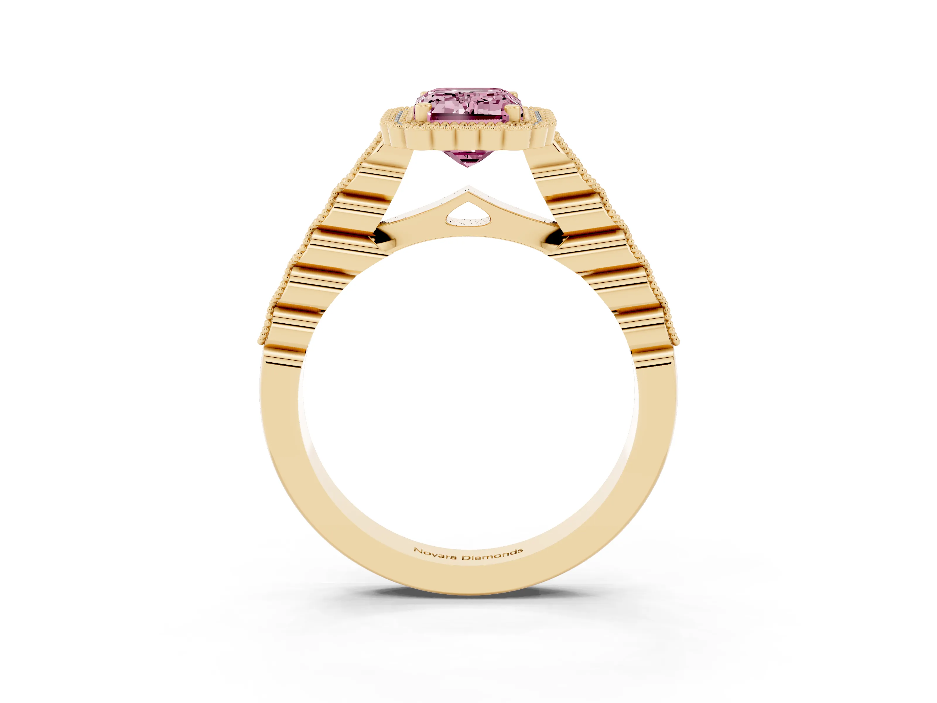 Fancy Pink Emerald Cut Diamond Halo Ring Set in Yellow gold with Pavé Milgrain Band