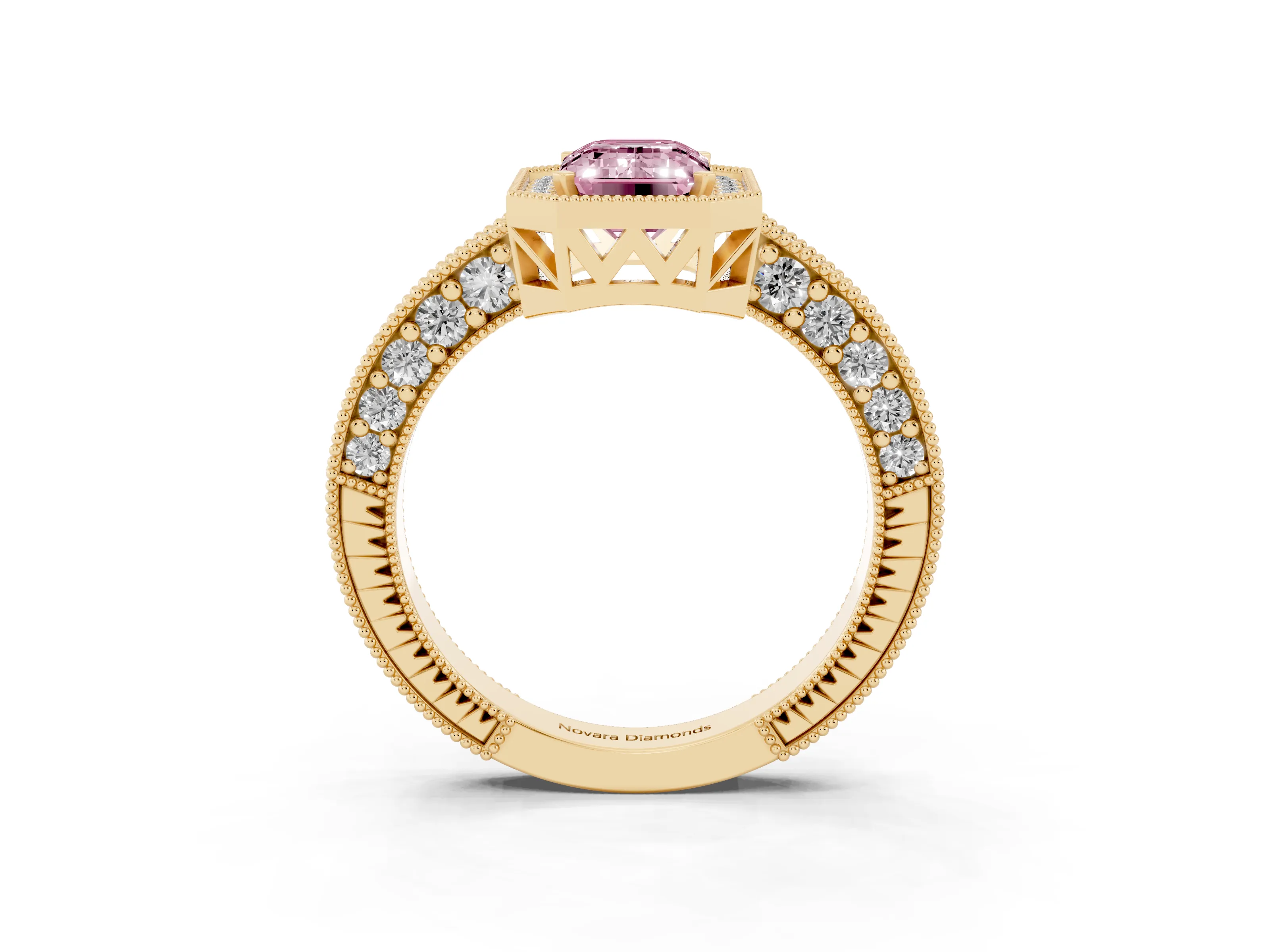 Fancy Pink Emerald Cut Diamond Halo Pavé Band Ring Set in Yellow gold with Prong-Set Center