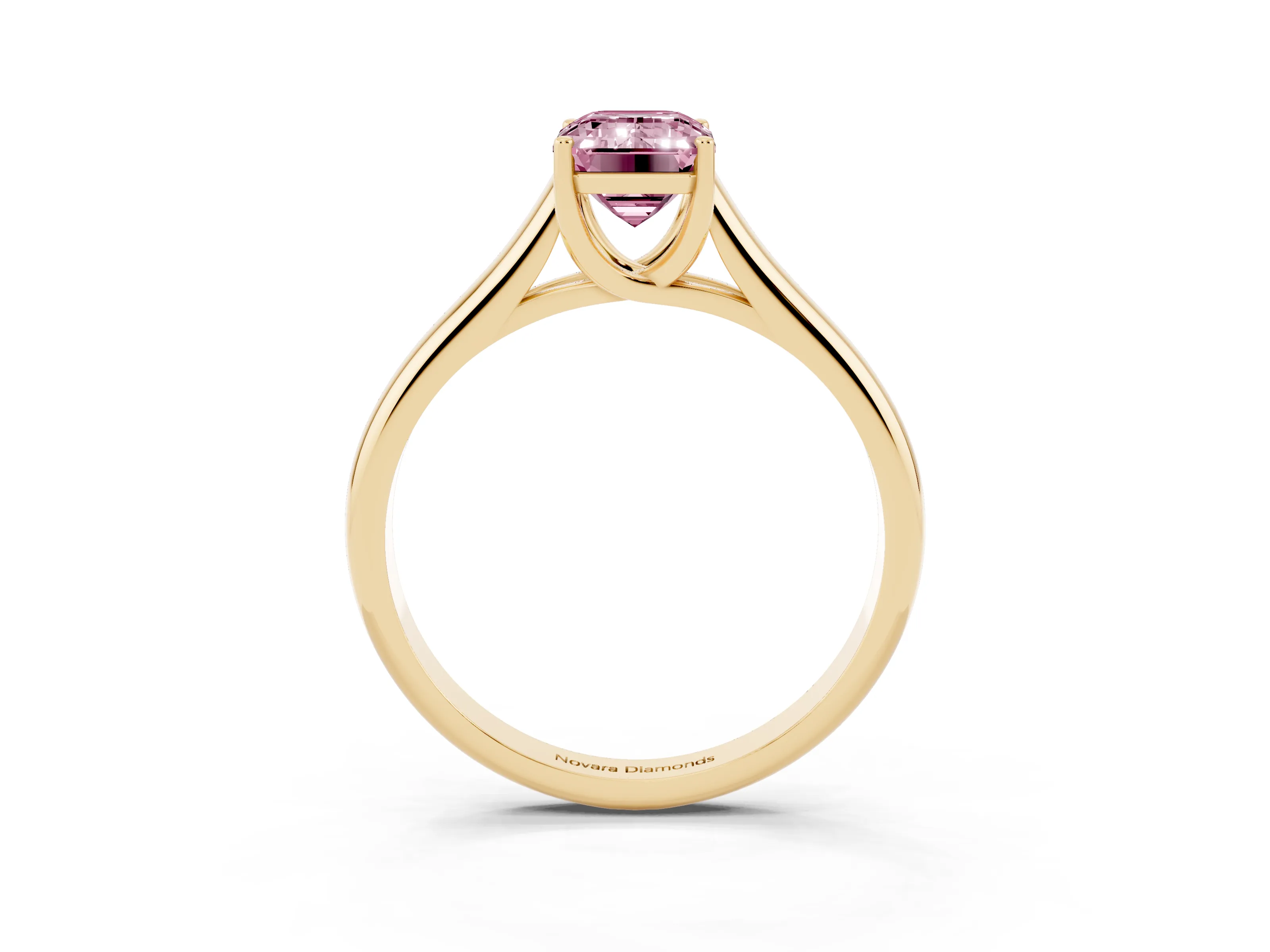 Fancy Pink Emerald Cut Diamond Solitaire Engagement Ring Set in Yellow gold with Subtly Tapered Band and Prong Setting