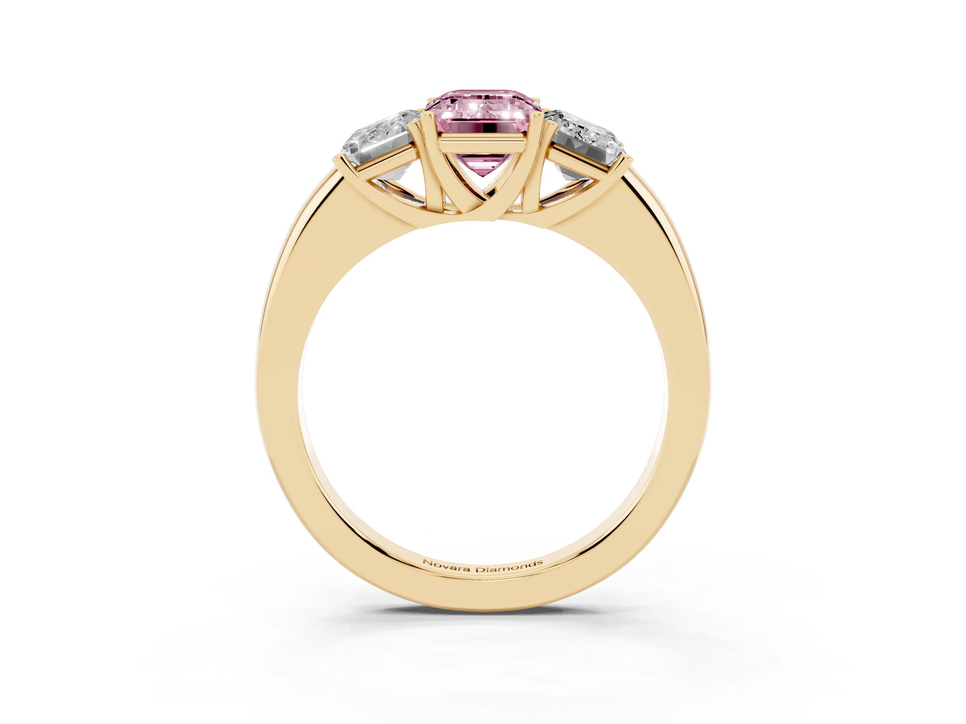 Fancy Pink Emerald Cut Diamond Three-Stone Ring Set in Yellow gold with Bold Center and Classic Band