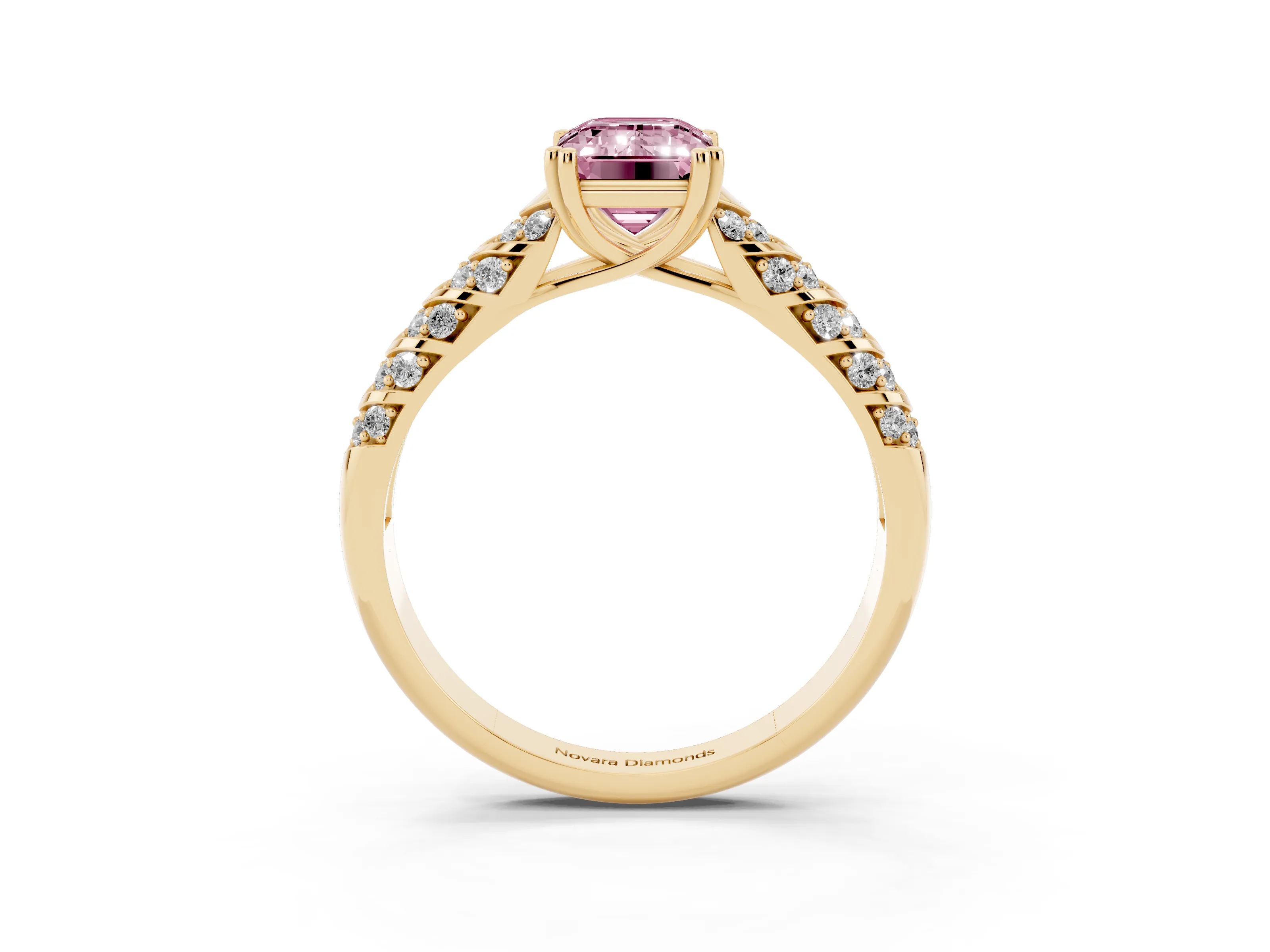 Fancy Pink Emerald Cut Diamond Solitaire Chevron Pavé Engagement Ring Set in Yellow gold with Prong Setting