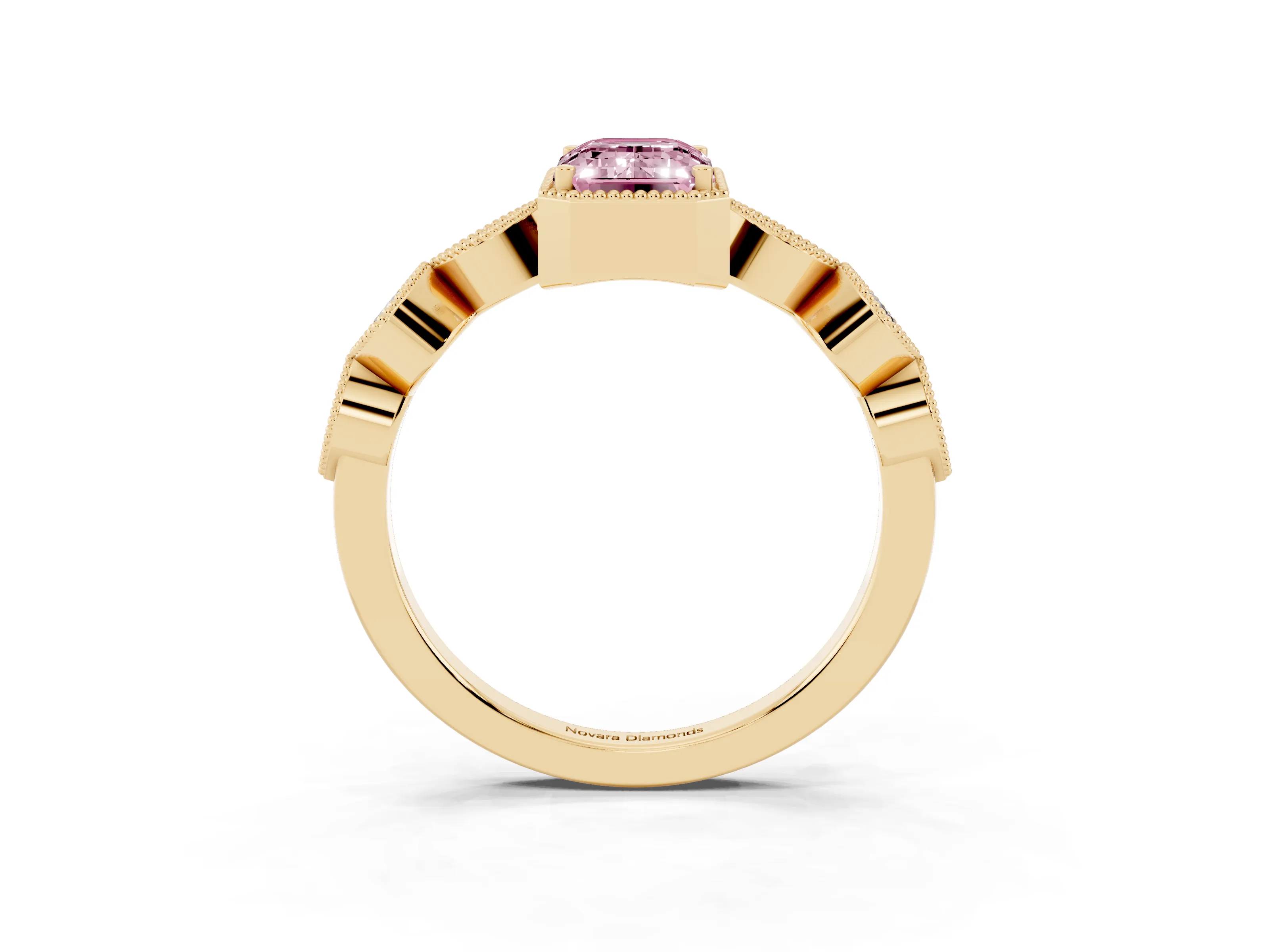 Fancy Pink Emerald Cut Diamond Vintage-Inspired Milgrain Ring Set in Yellow gold with Marquise Stations of Round Accents