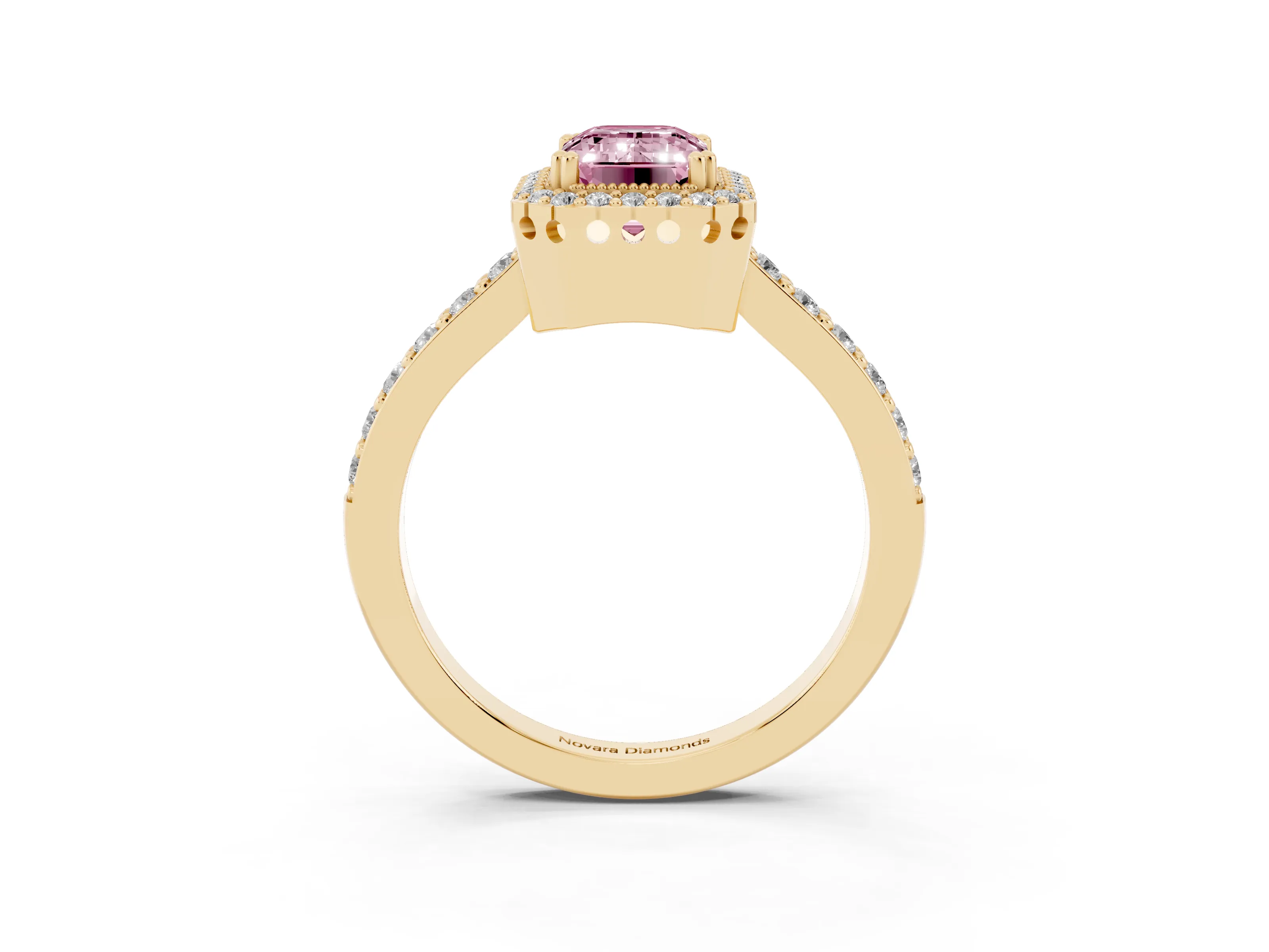 Fancy Pink Emerald Cut Diamond Halo Engagement Ring Set in Yellow gold with Milgrain Detail and Pavé Band
