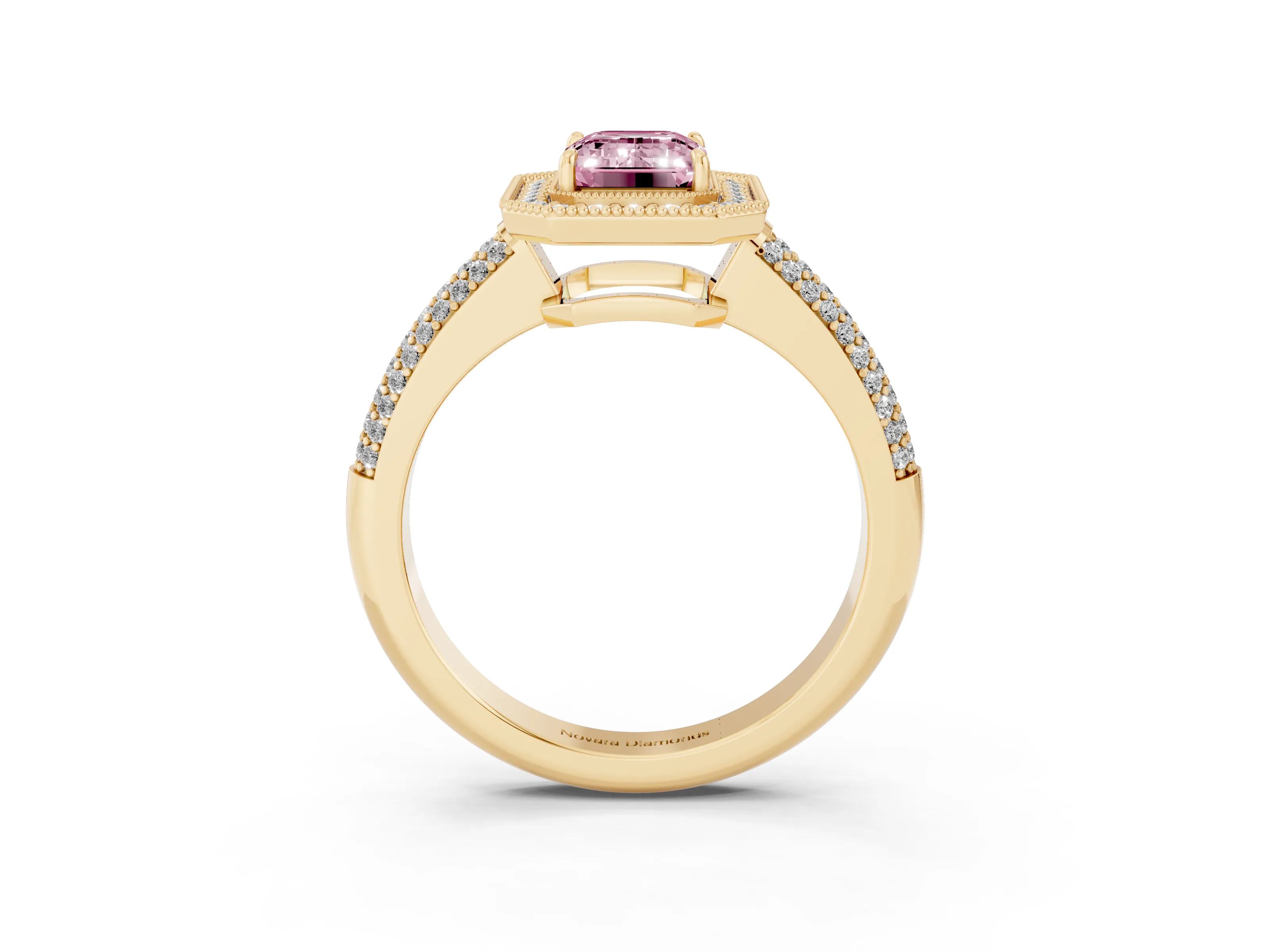Fancy Pink Emerald Cut Diamond Halo Pavé Band Set in Yellow gold with Prong Setting