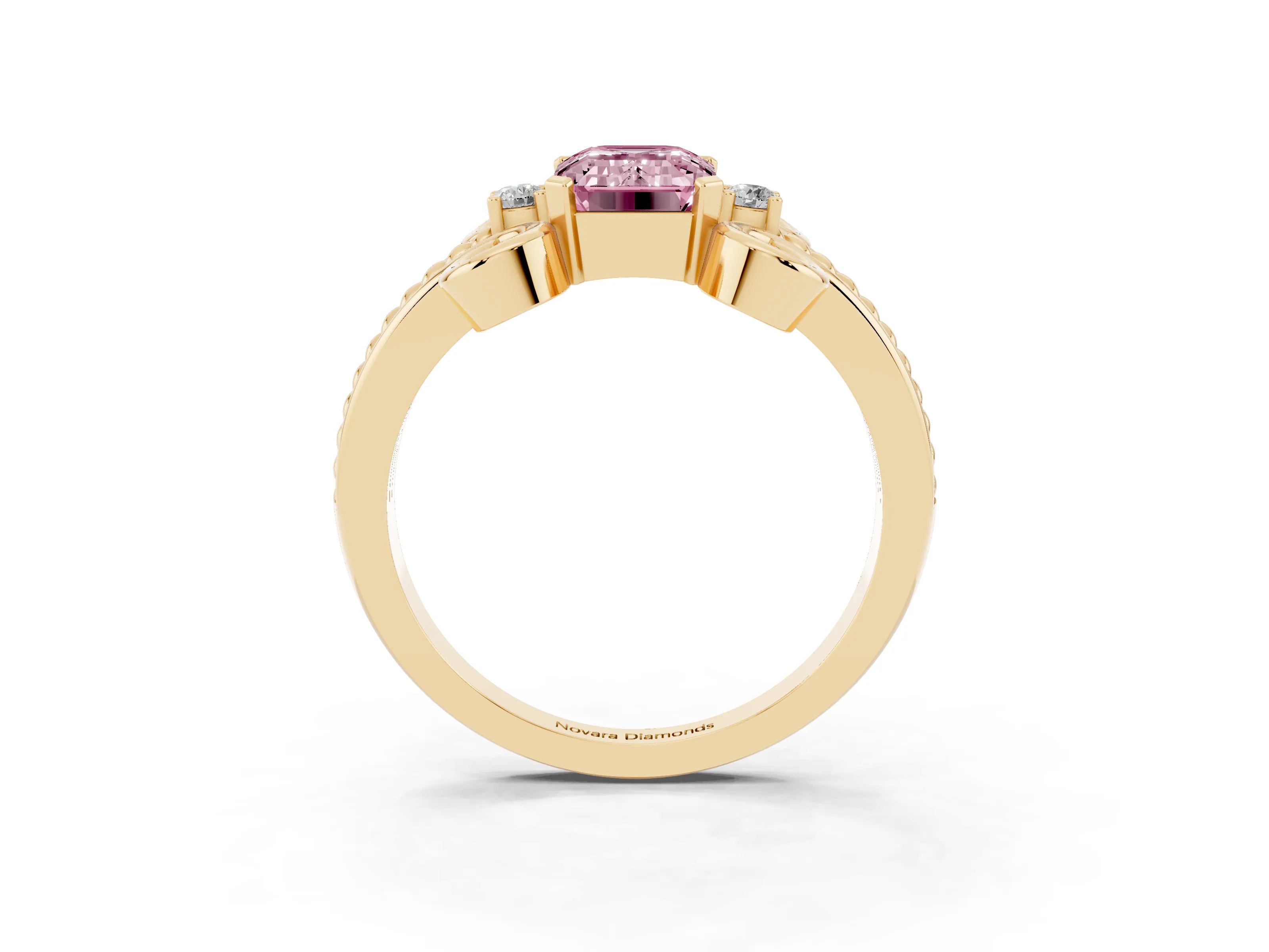 Fancy Pink Emerald Cut Diamond Twisted Band Solitaire Ring Set in Yellow gold with Scroll Prongs