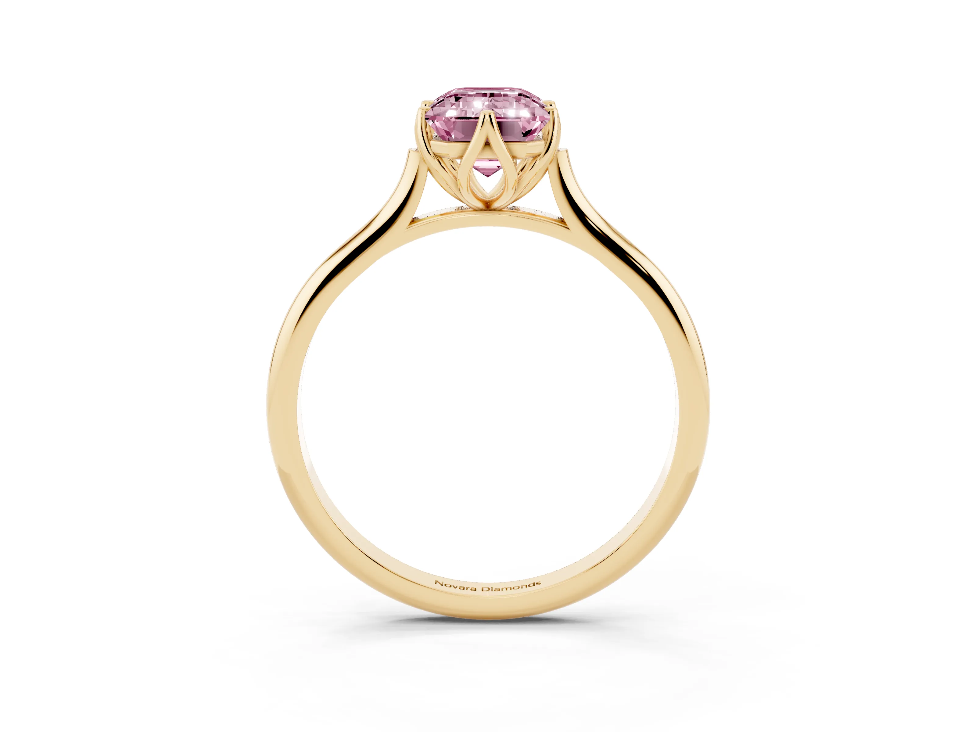 Fancy Pink Emerald Cut Diamond Solitaire Cathedral Ring Set in Yellow gold with Prong Setting