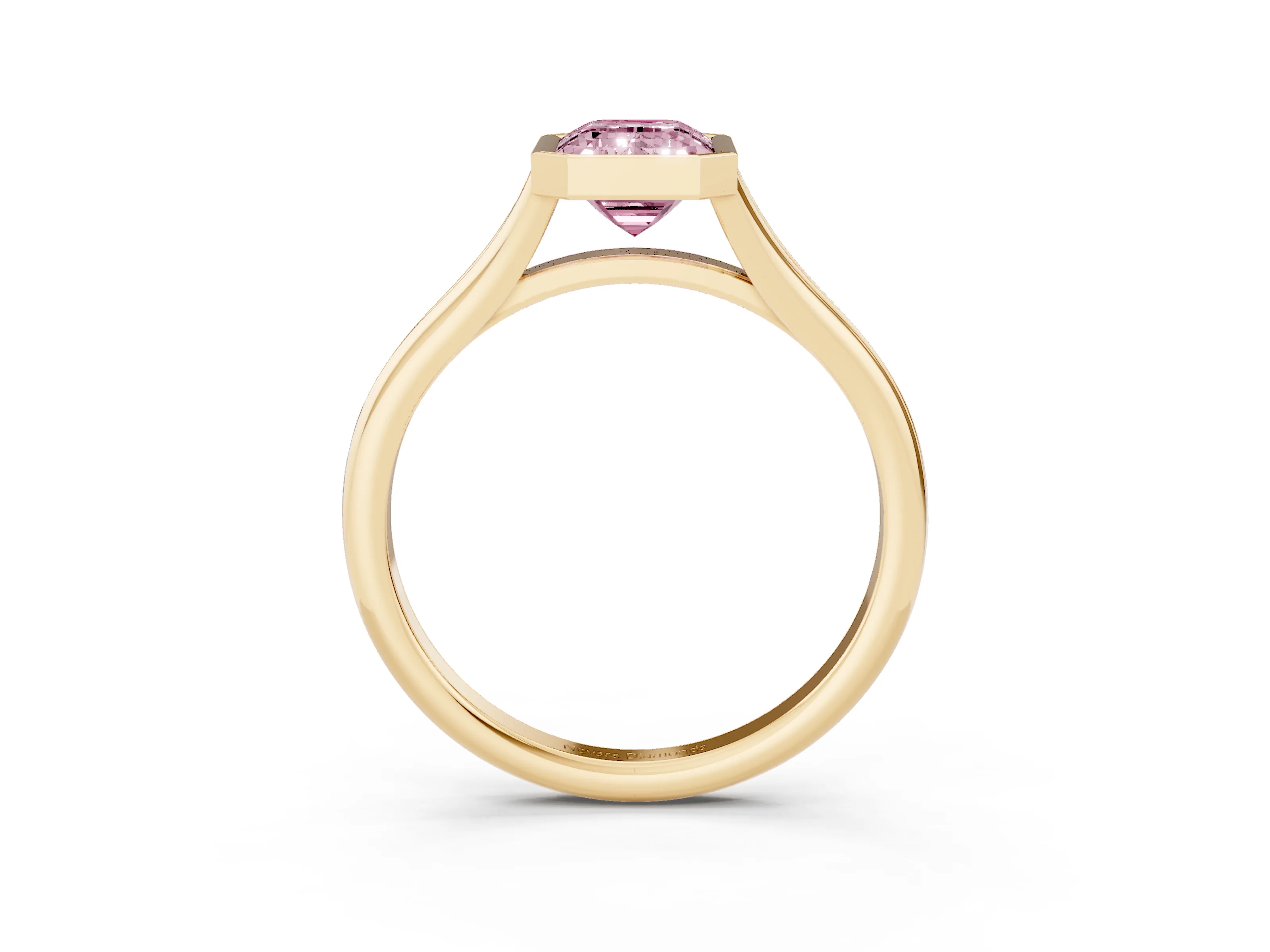 Fancy Pink Bezel Set Emerald Cut Diamond Solitaire Ring Set in Yellow gold with Tapered Band