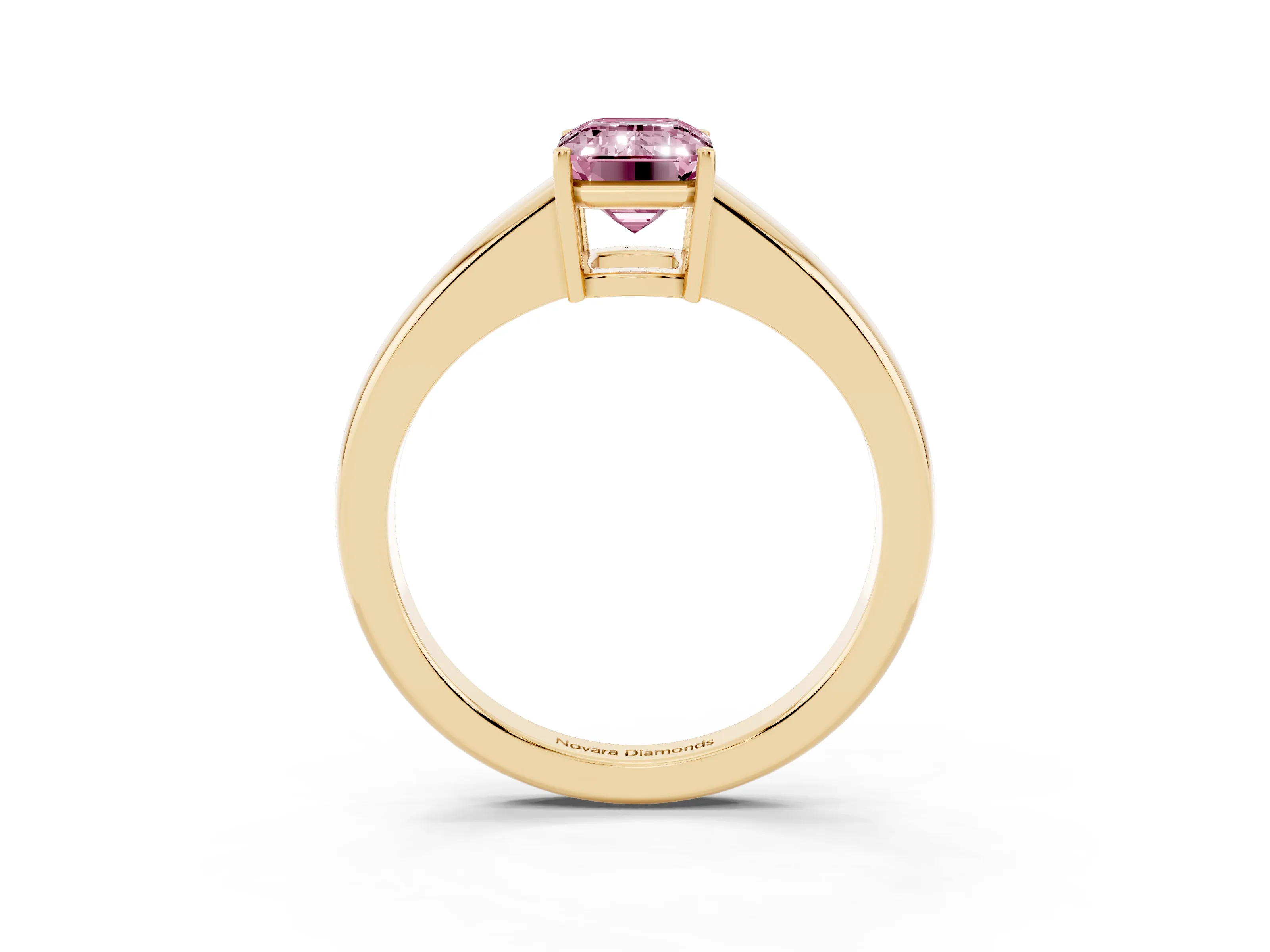 Fancy Pink Emerald Cut Diamond Solitaire Ring Set in Yellow gold with Tapered Band and Prong Setting