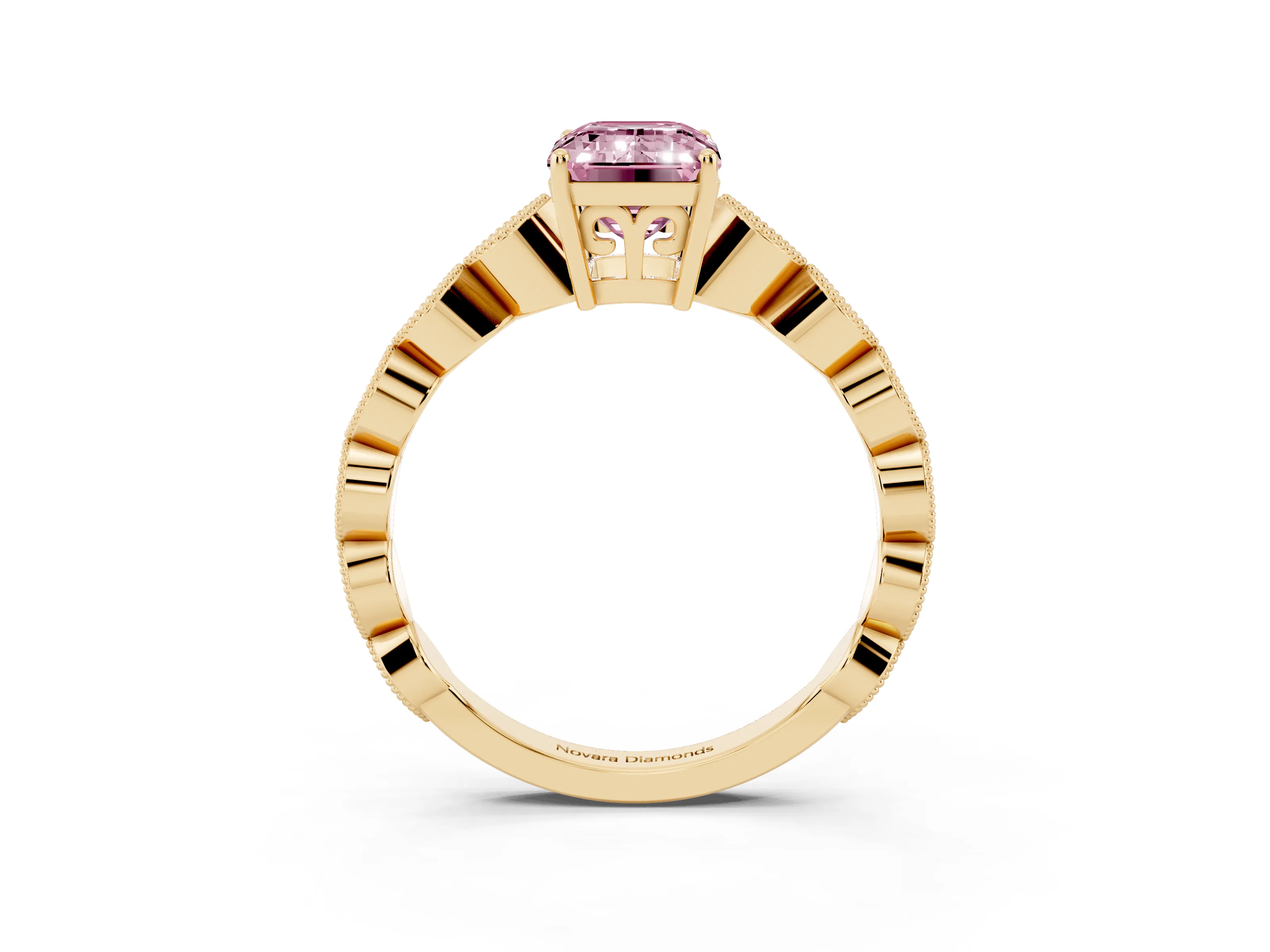 Fancy Pink Emerald Cut Diamond Solitaire Ring Set in Yellow gold with Infinity Twist Pavé Band