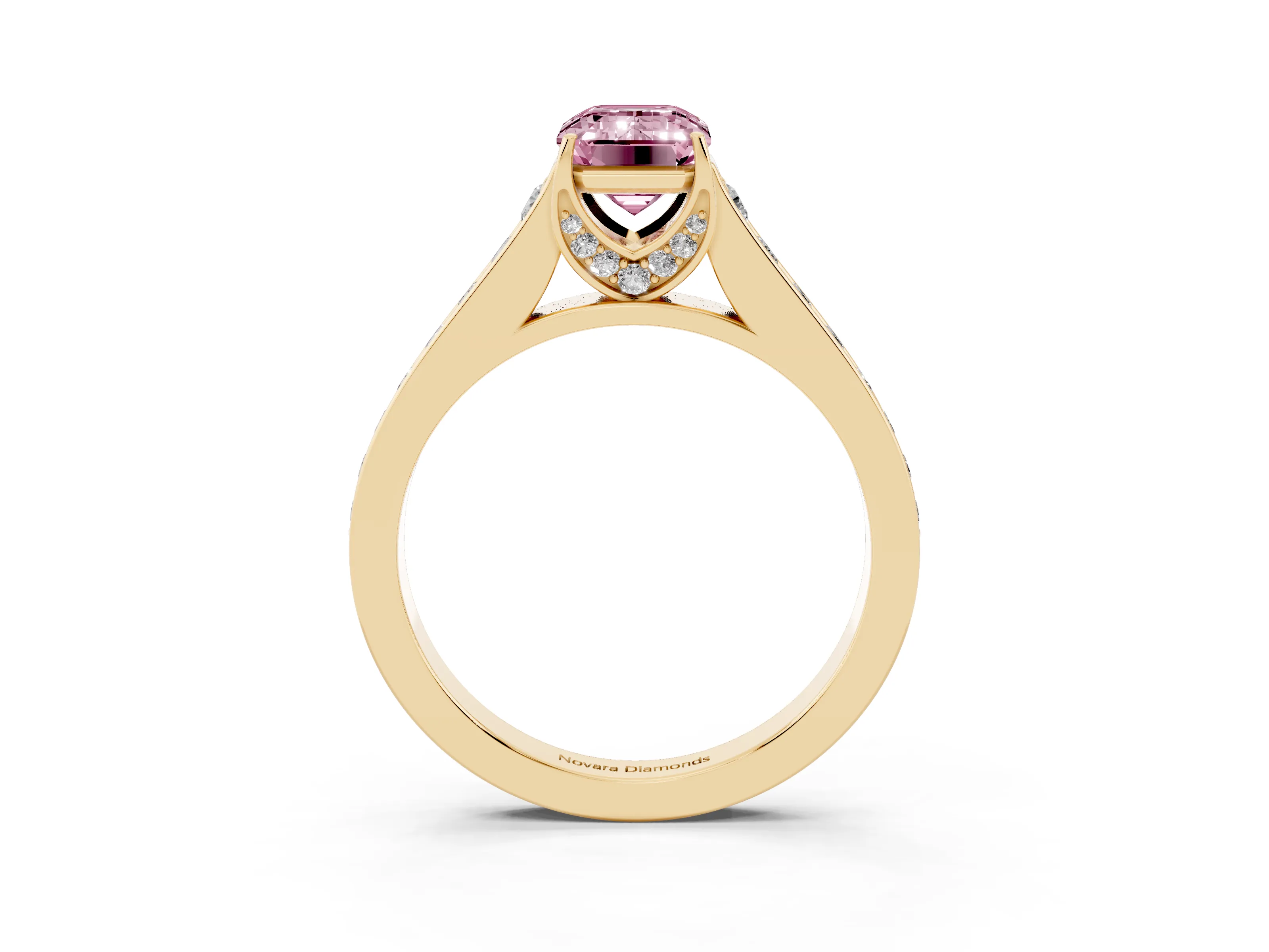 Fancy Pink Emerald Cut Diamond Solitaire Pavé Engagement Ring Set in Yellow gold with Prong Setting