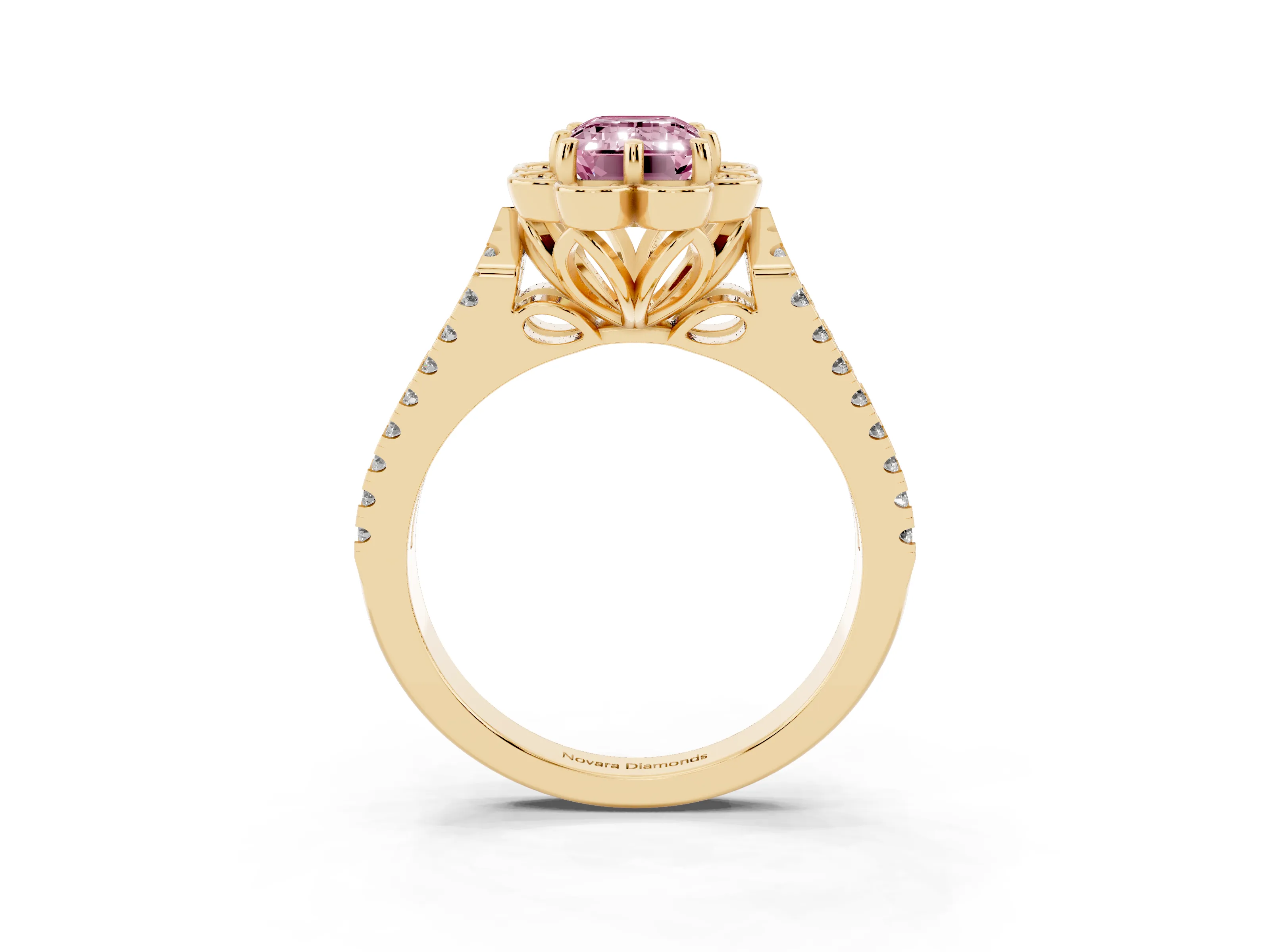 Fancy Pink Emerald Cut Diamond Floral Halo Split Shank Engagement Ring Set in Yellow gold with Pavé Shank